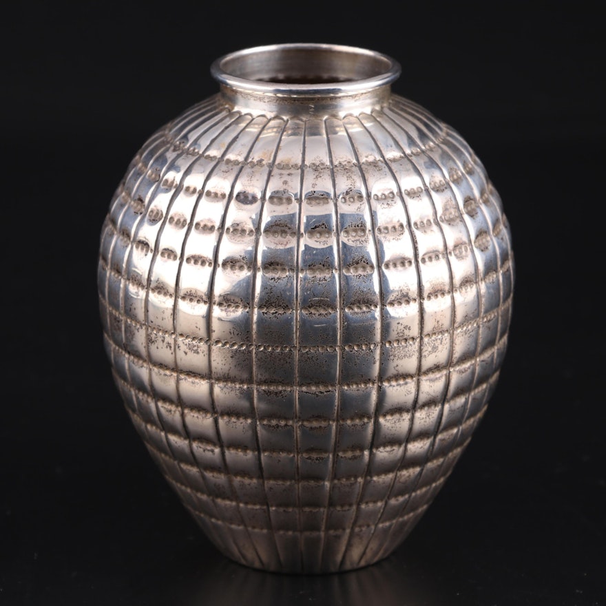 American Hand-Chased Sterling Silver Bud Vase, 20th Century