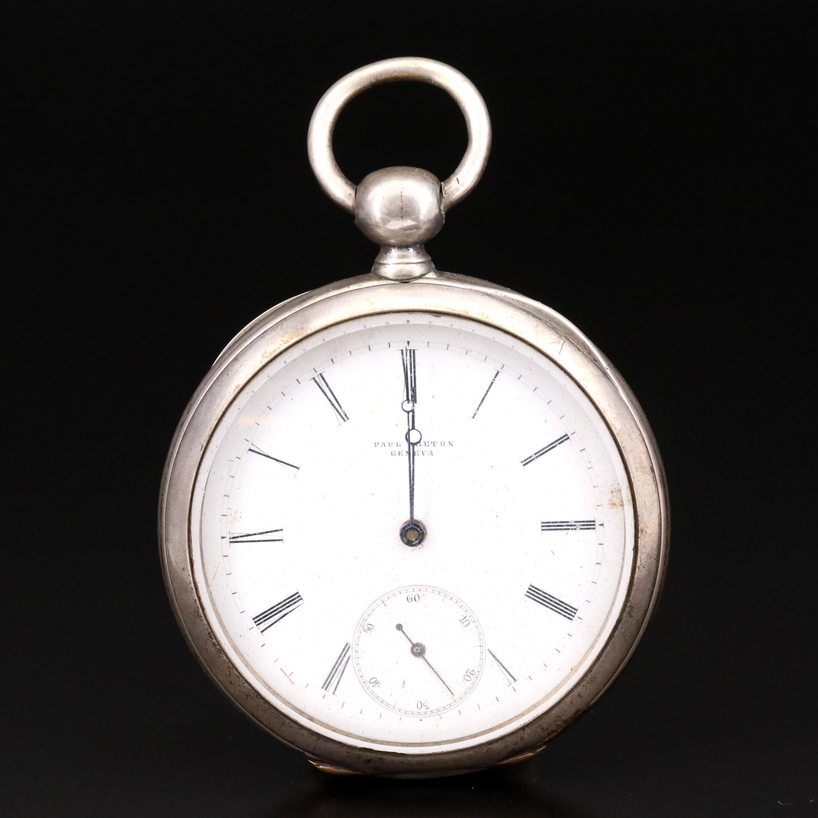 Antique Paul Breton 800 Silver Open Face Pocket Watch