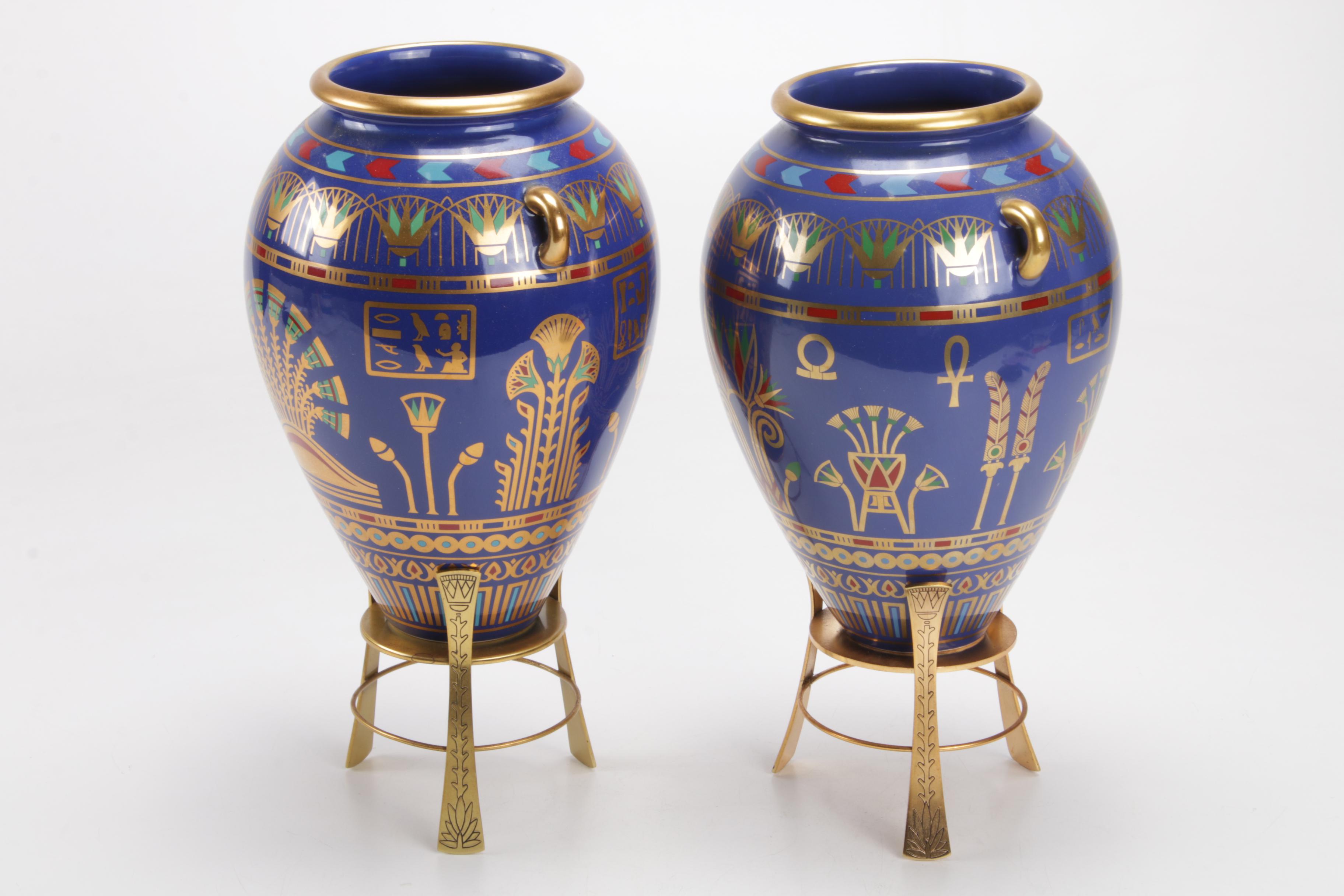 Franklin Mint 24K Gold Embellished "Golden Vase of Bastet" Egyptian Style Urns