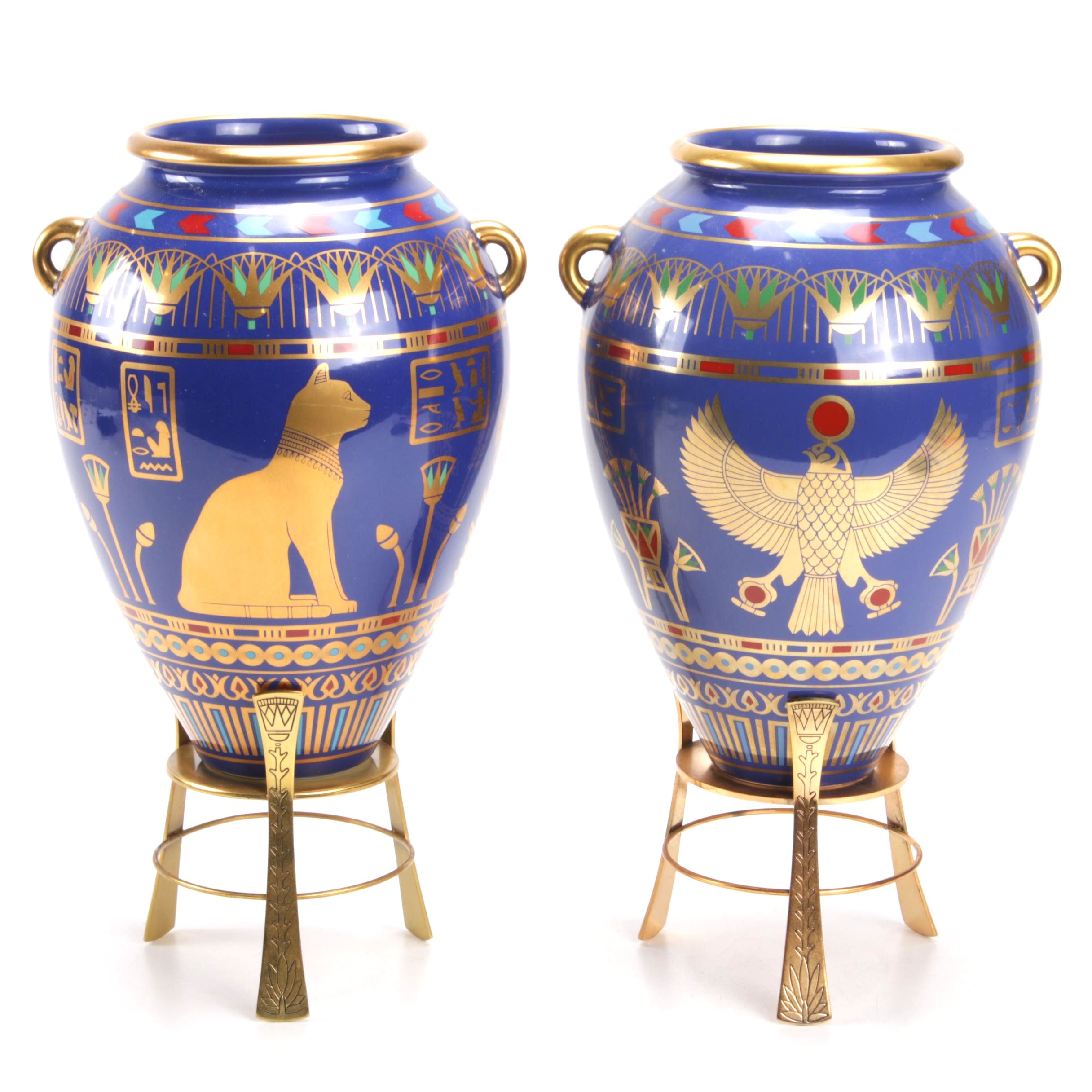 Franklin Mint 24K Gold Embellished "Golden Vase of Bastet" Egyptian Style Urns