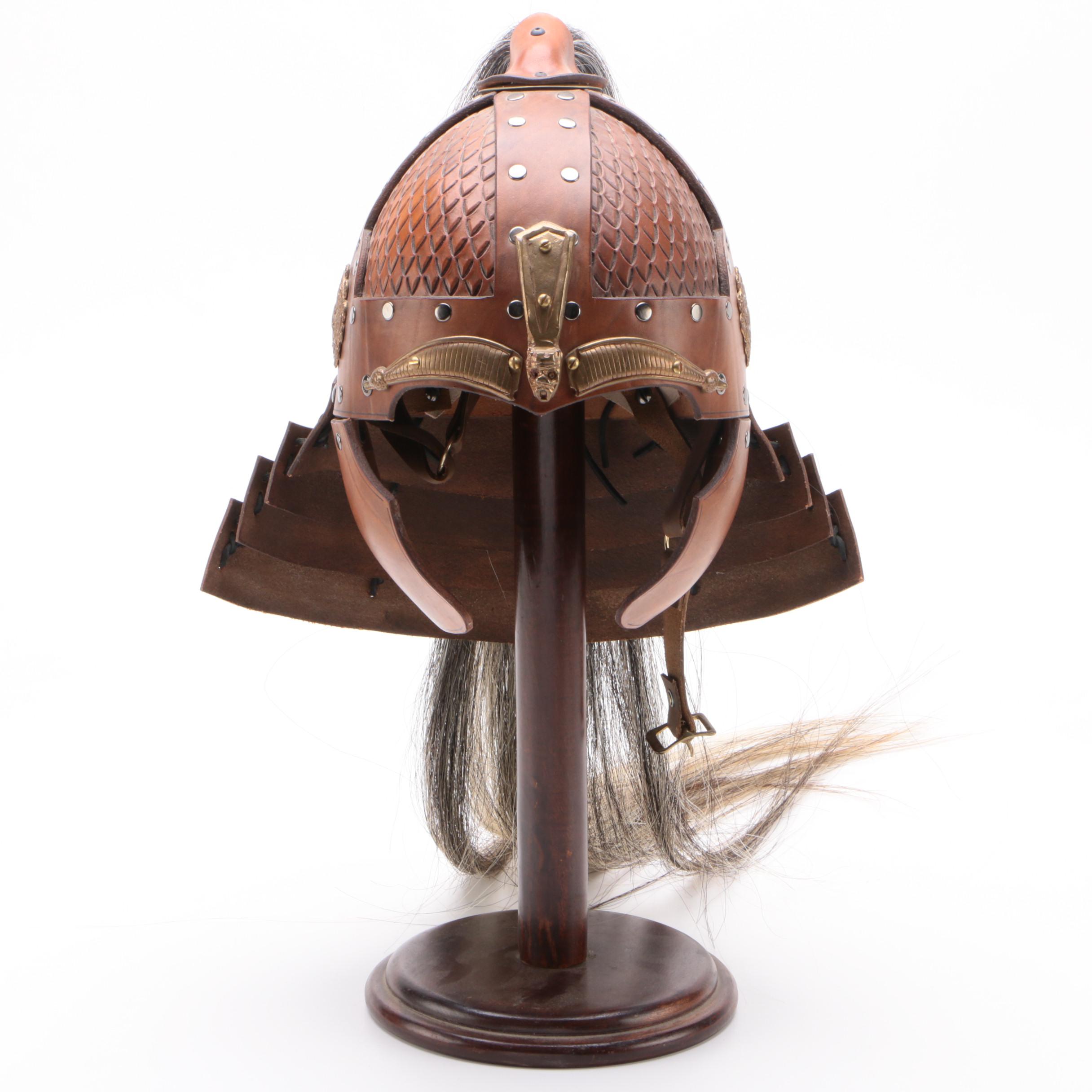 Leather Helms Mongolian Style Leather Helmet With Horsehair Plume