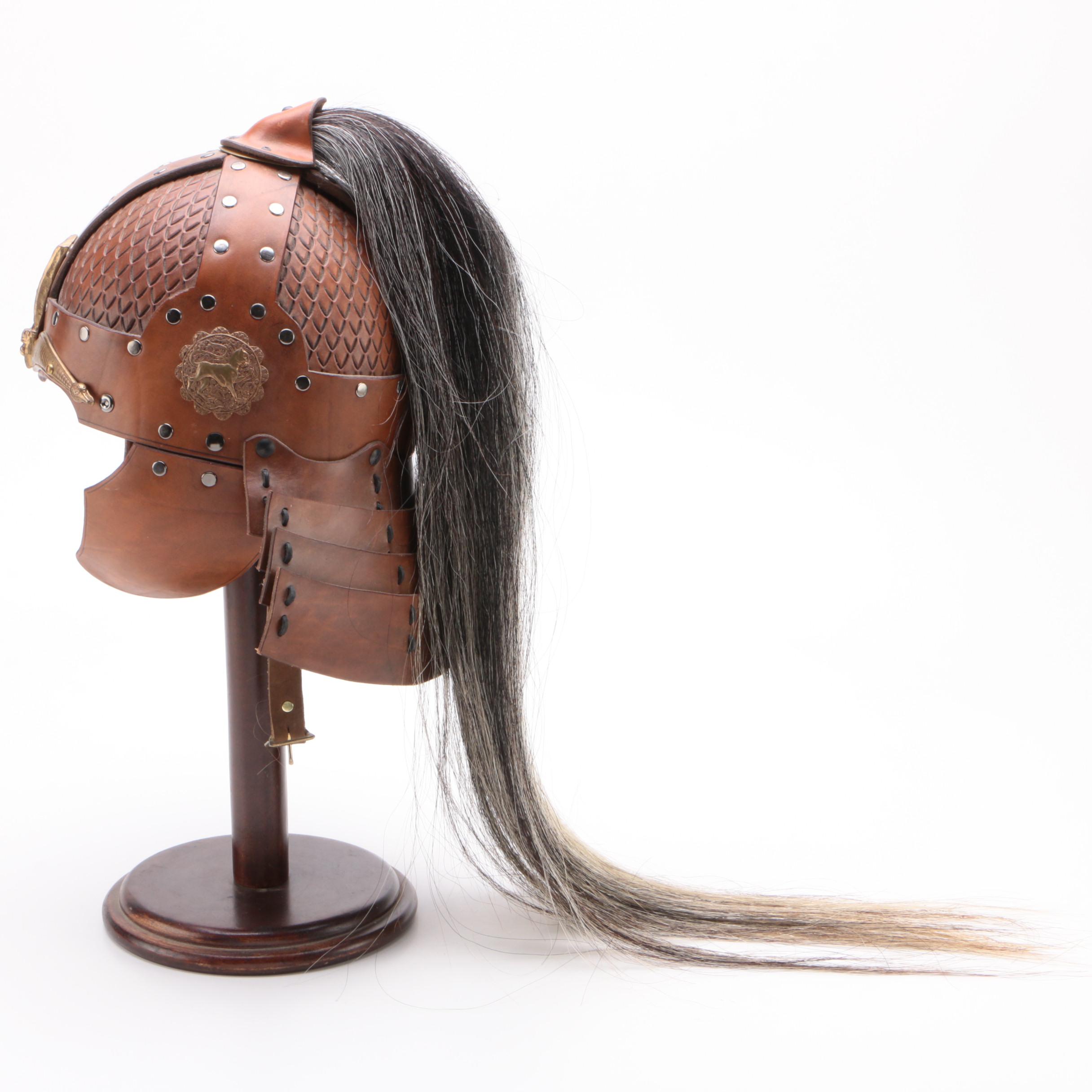 Leather Helms Mongolian Style Leather Helmet With Horsehair Plume
