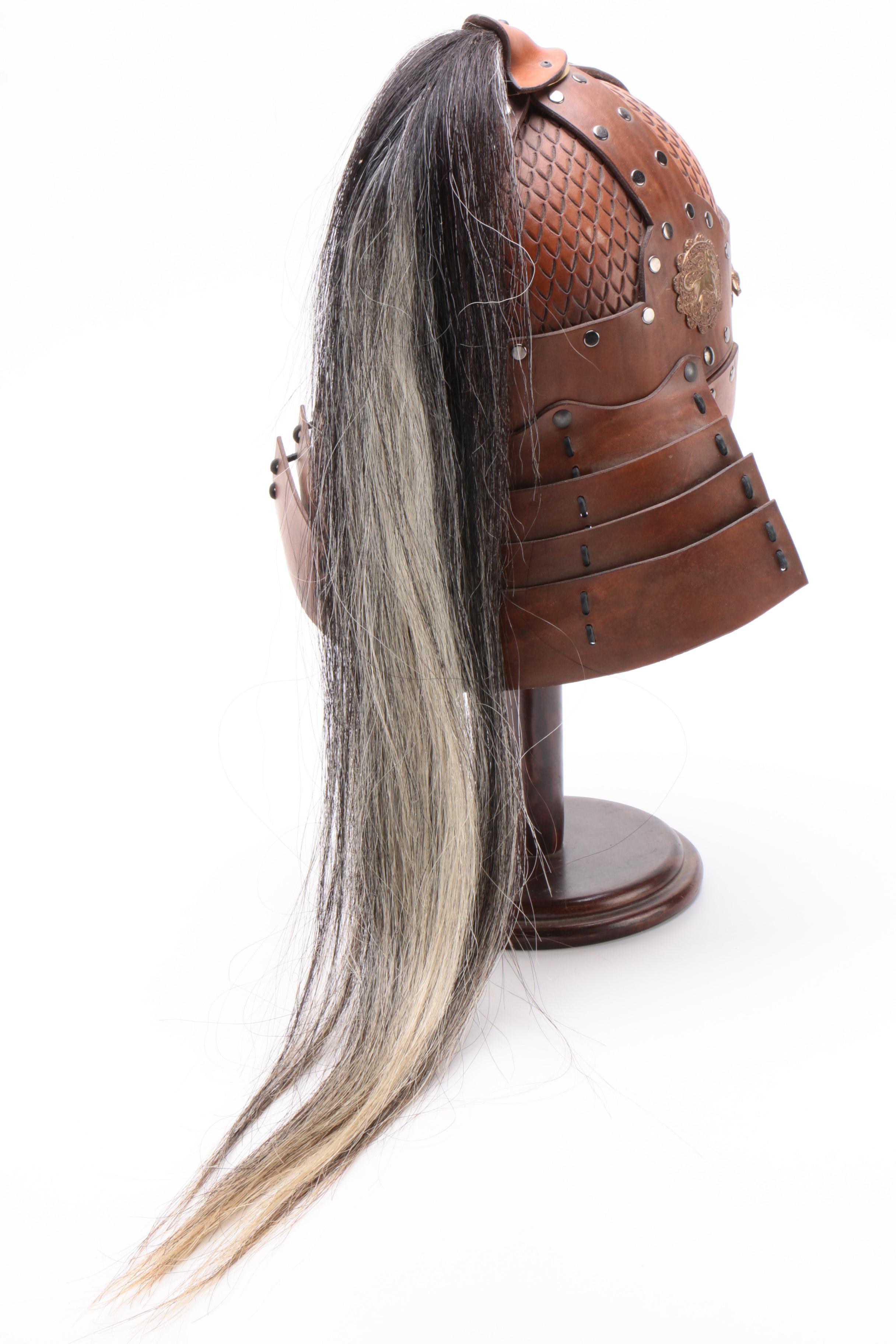 Leather Helms Mongolian Style Leather Helmet With Horsehair Plume