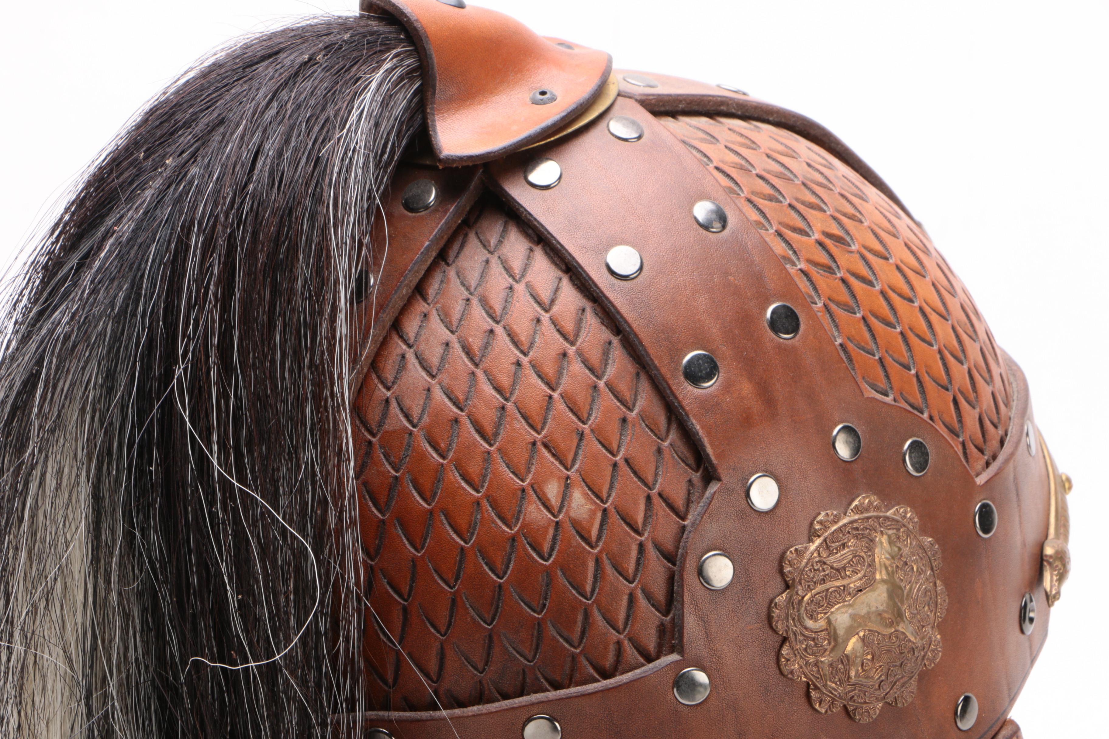 Leather Helms Mongolian Style Leather Helmet With Horsehair Plume