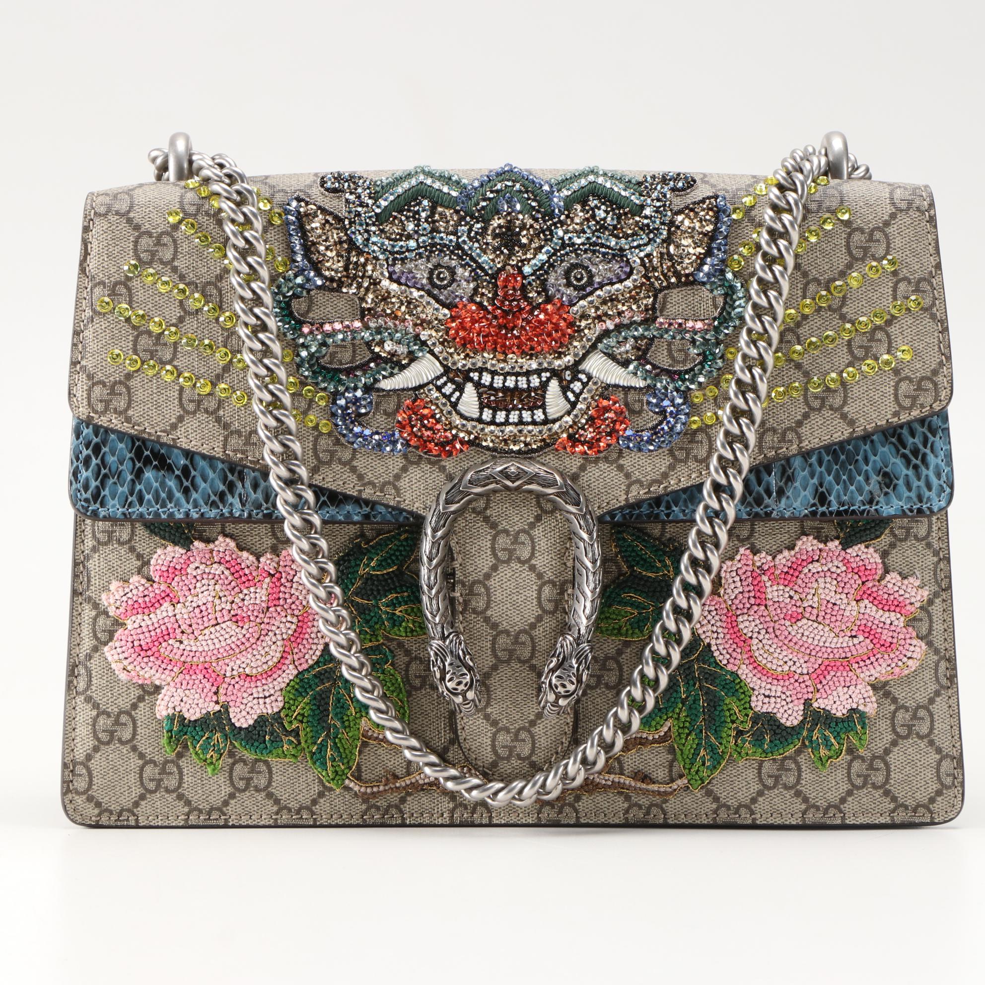 Gucci Tiger Embellished Dionysus Bag in Coated Canvas with Python Skin