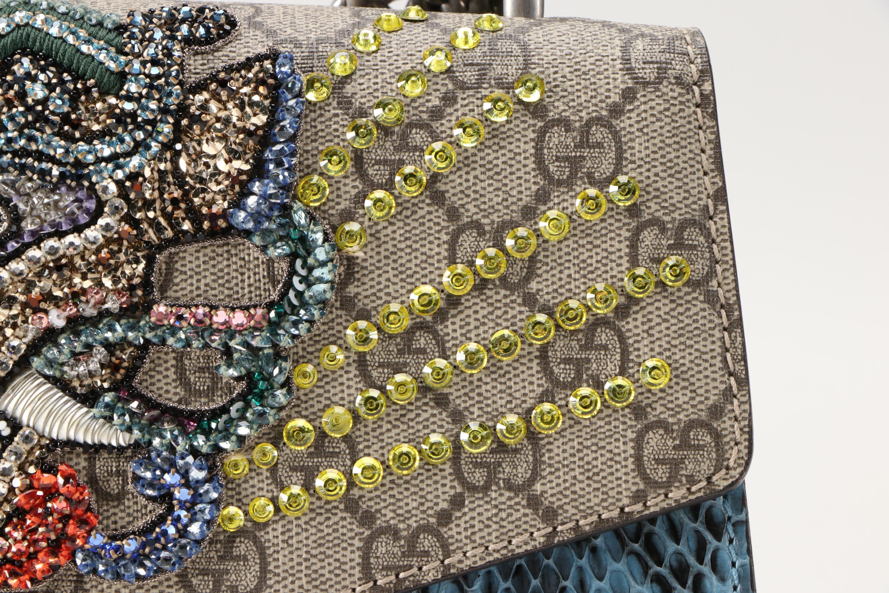 Gucci Tiger Embellished Dionysus Bag in Coated Canvas with Python Skin