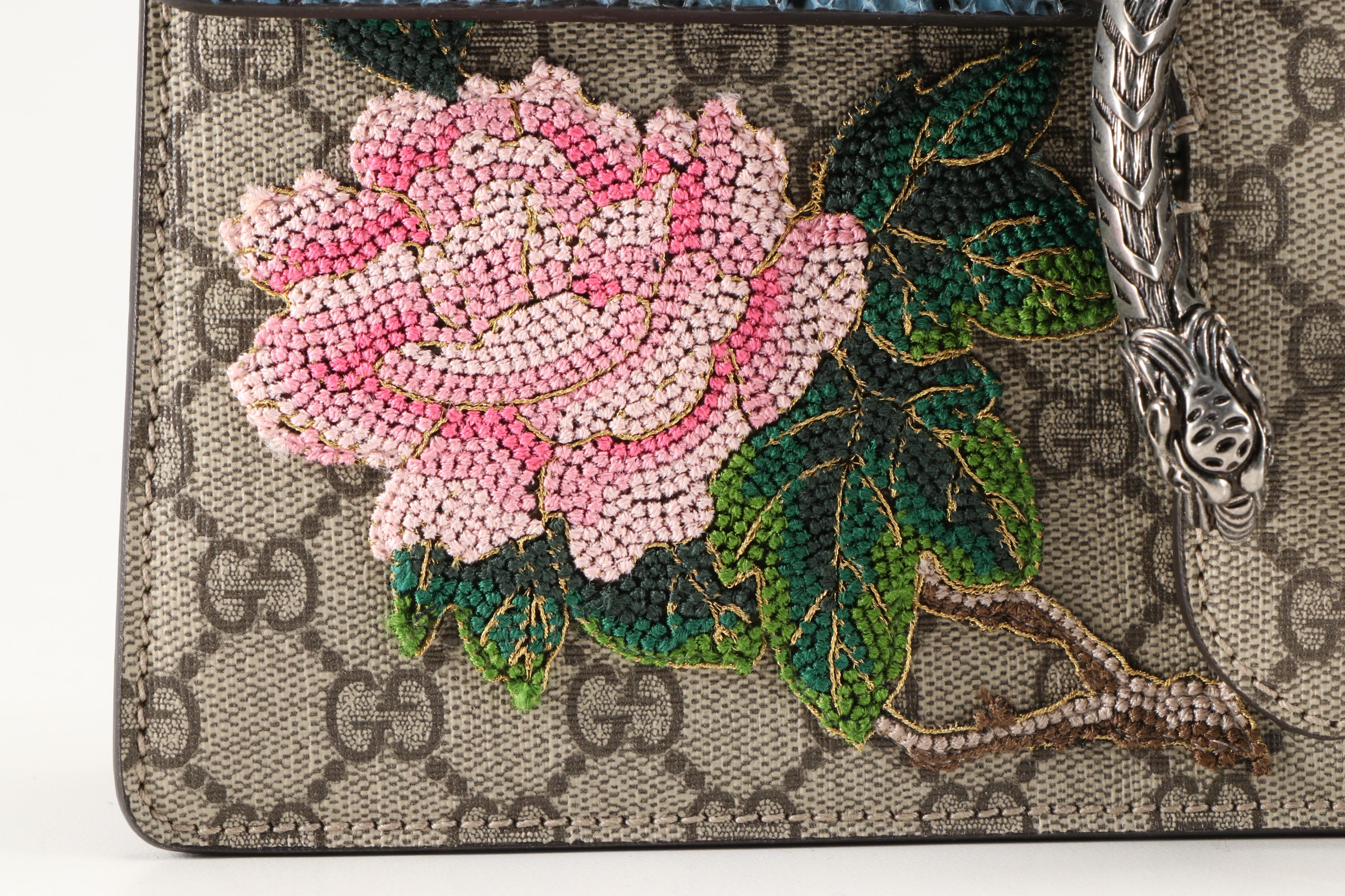 Gucci Tiger Embellished Dionysus Bag in Coated Canvas with Python Skin