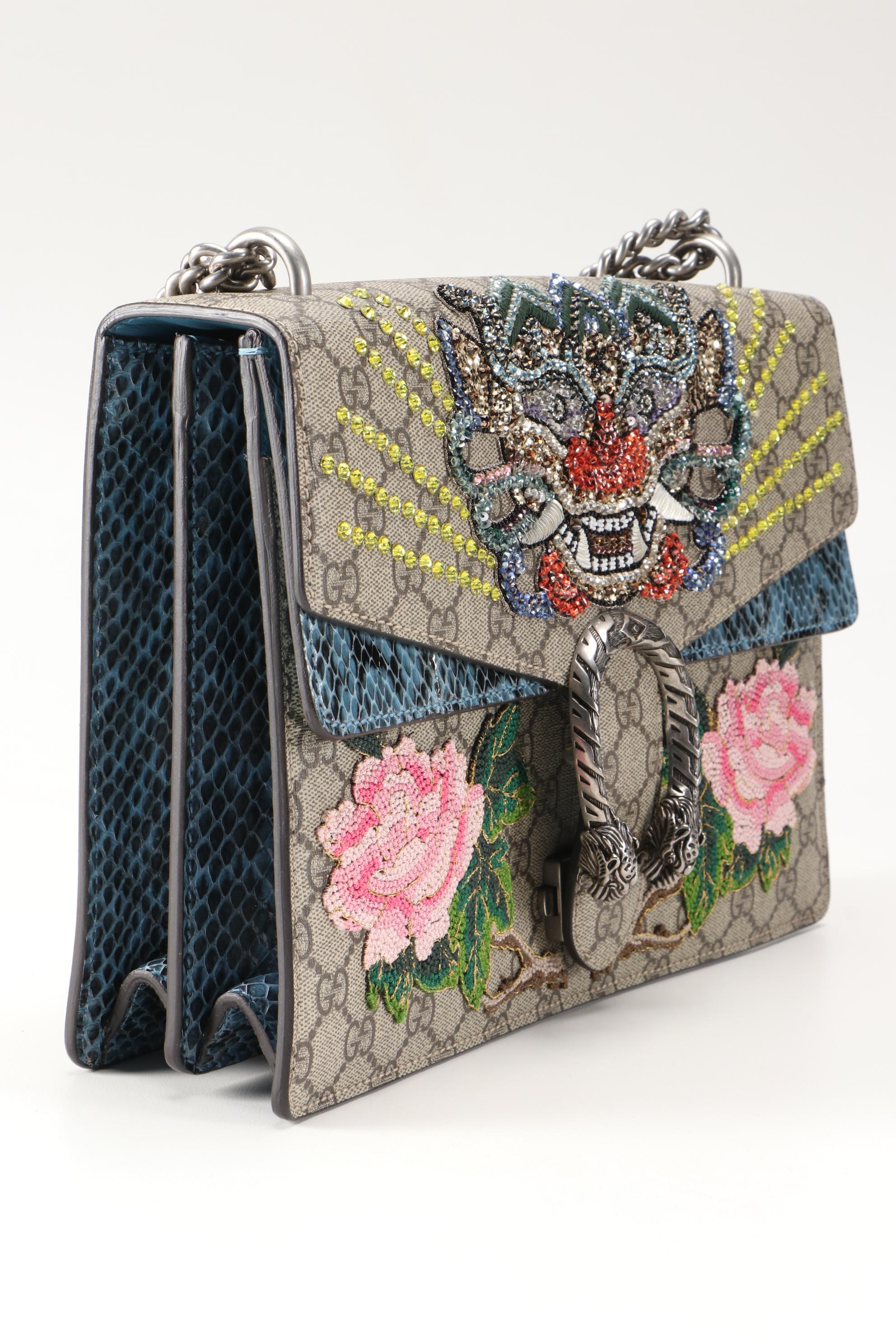 Gucci Tiger Embellished Dionysus Bag in Coated Canvas with Python Skin