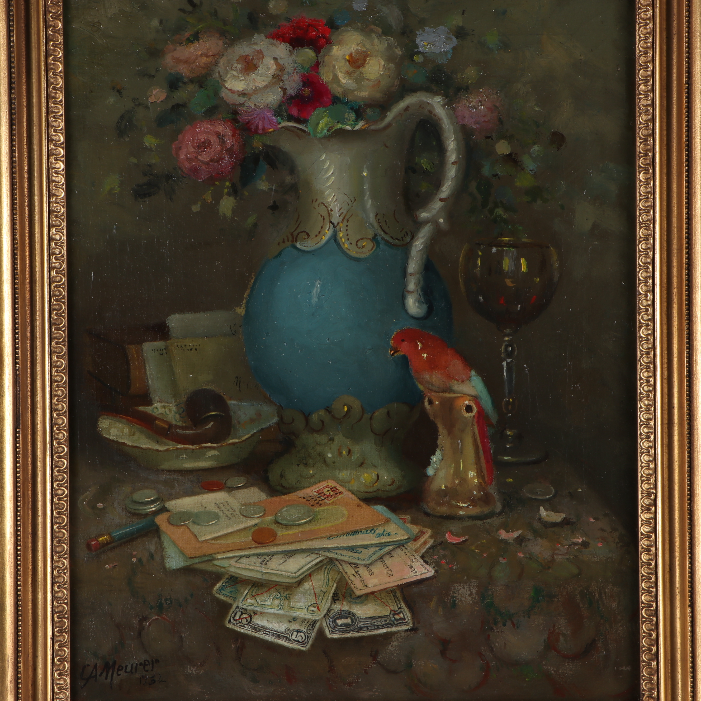 Charles A. Meurer Oil Painting "Still Life with Vase, Pipe and Parrot"
