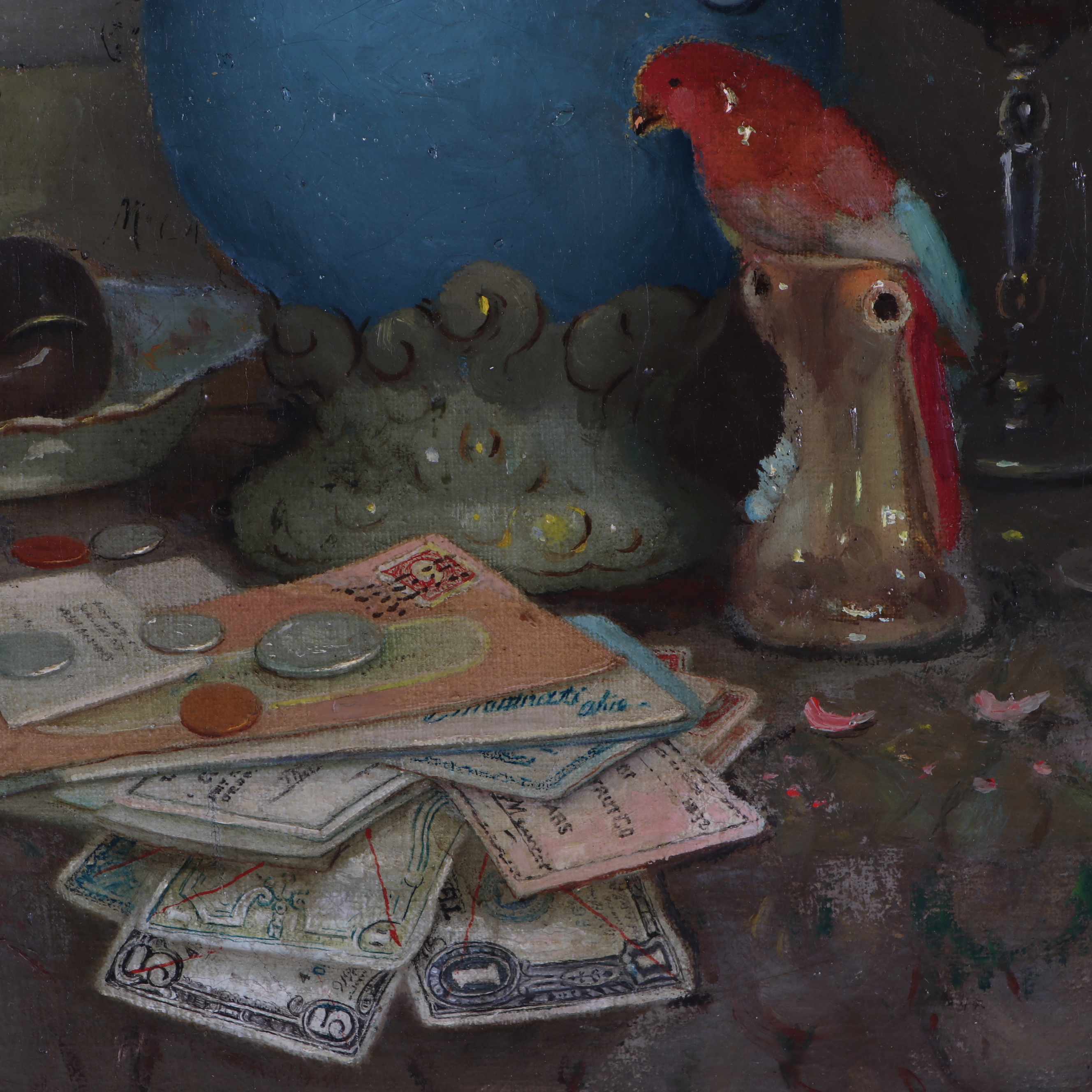 Charles A. Meurer Oil Painting "Still Life with Vase, Pipe and Parrot"