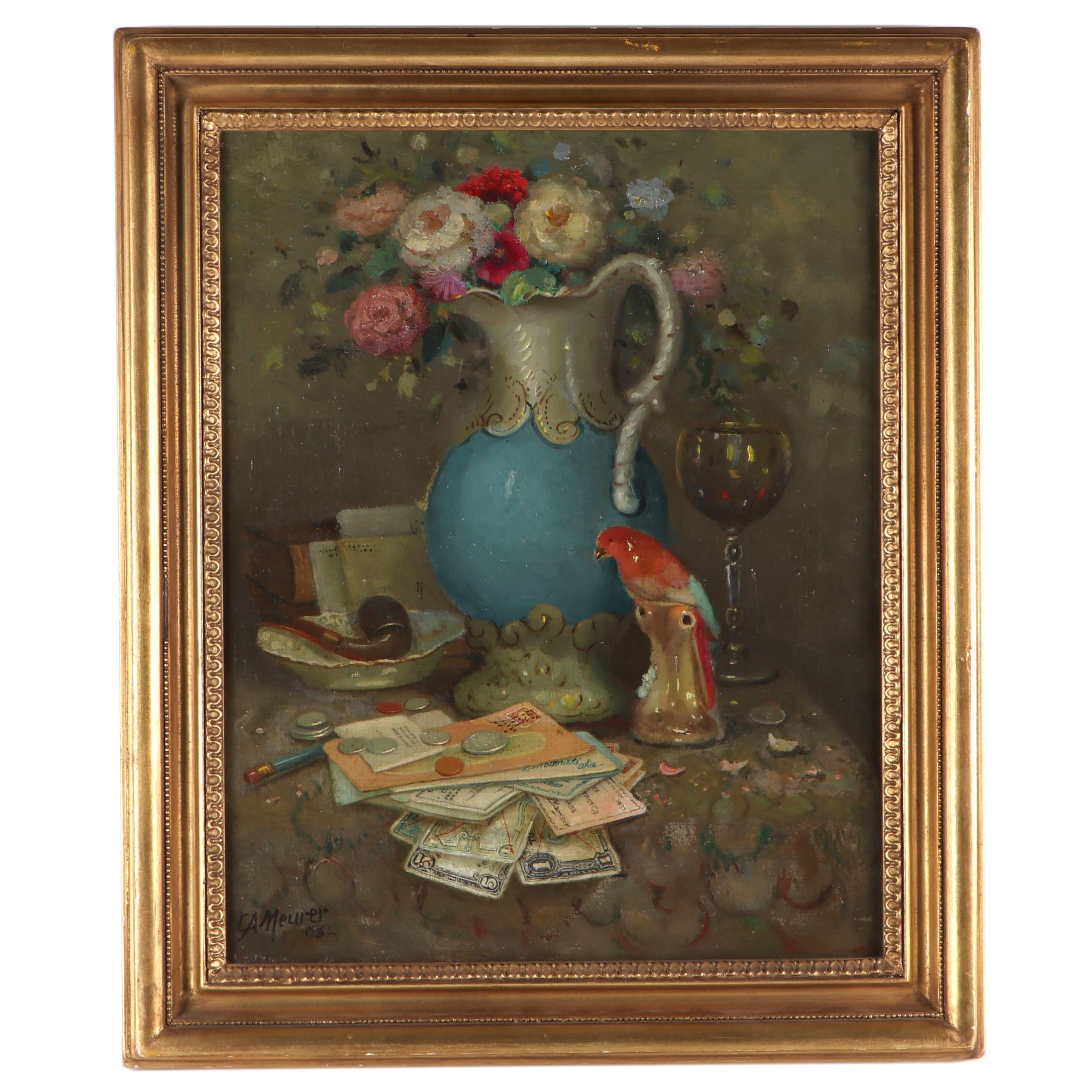 Charles A. Meurer Oil Painting "Still Life with Vase, Pipe and Parrot"