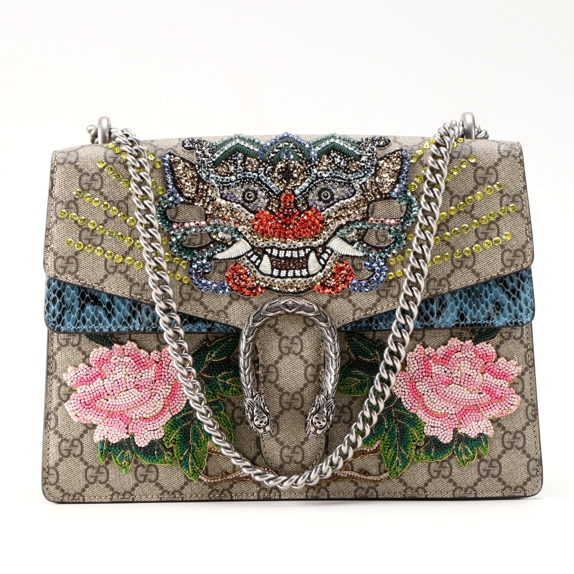 Gucci Tiger Embellished Dionysus Bag in Coated Canvas with Python Skin