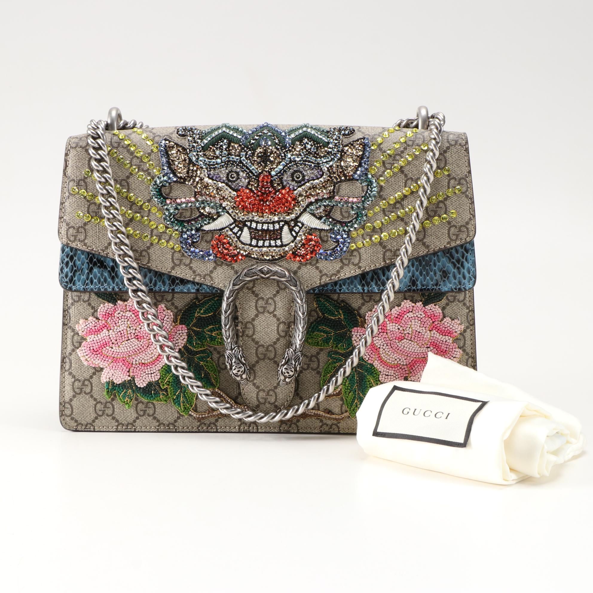 Gucci Tiger Embellished Dionysus Bag in Coated Canvas with Python Skin