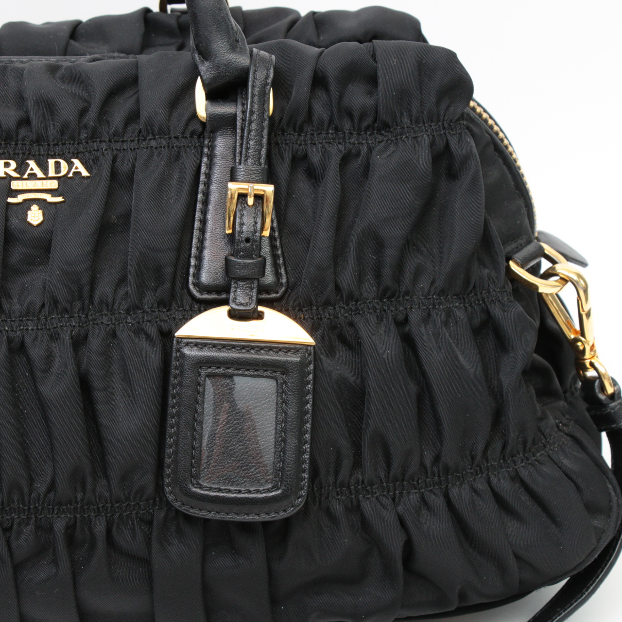 Prada Black Tessuto Nylon Gaufre Ruched Two-Way Shoulder Bag