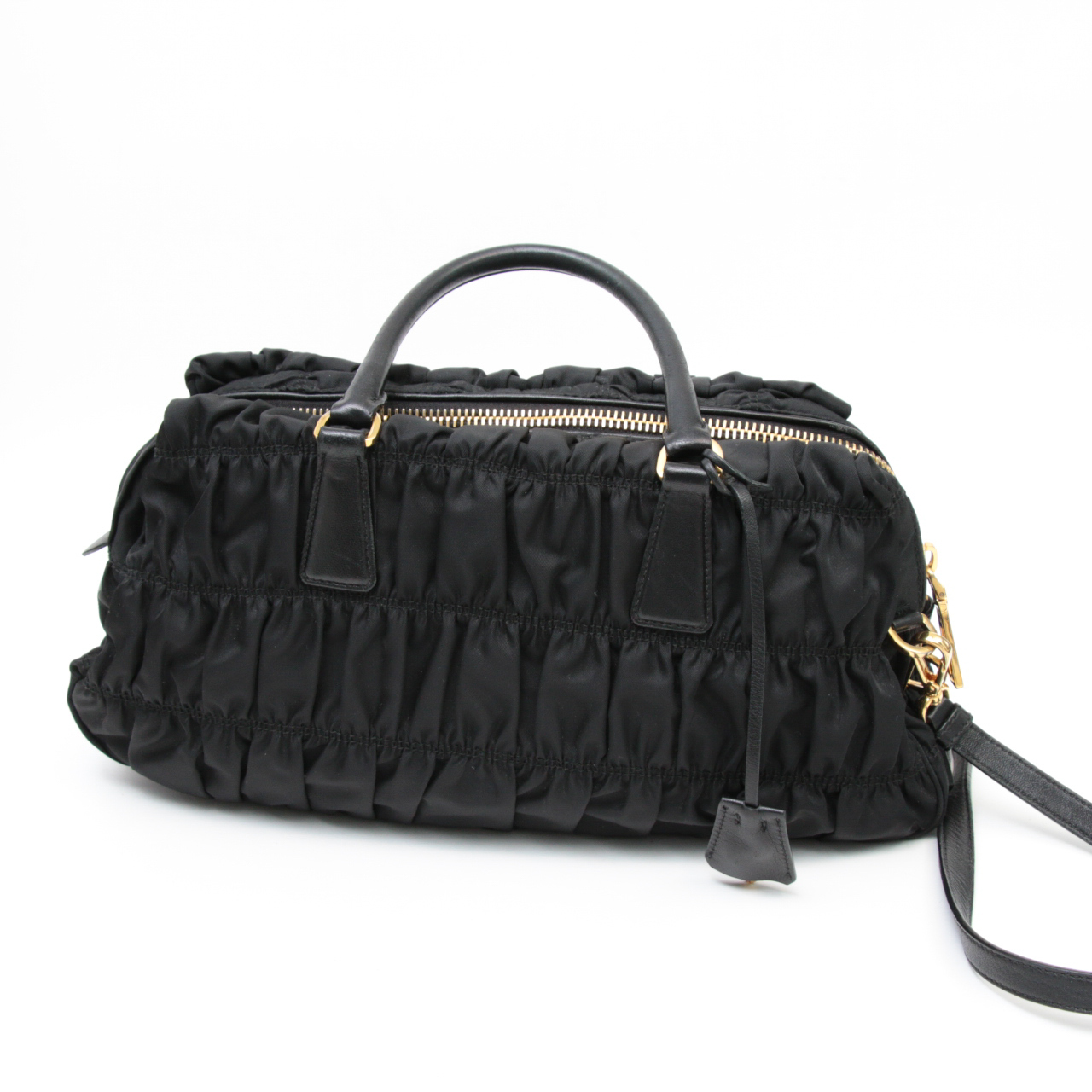 Prada Black Tessuto Nylon Gaufre Ruched Two-Way Shoulder Bag