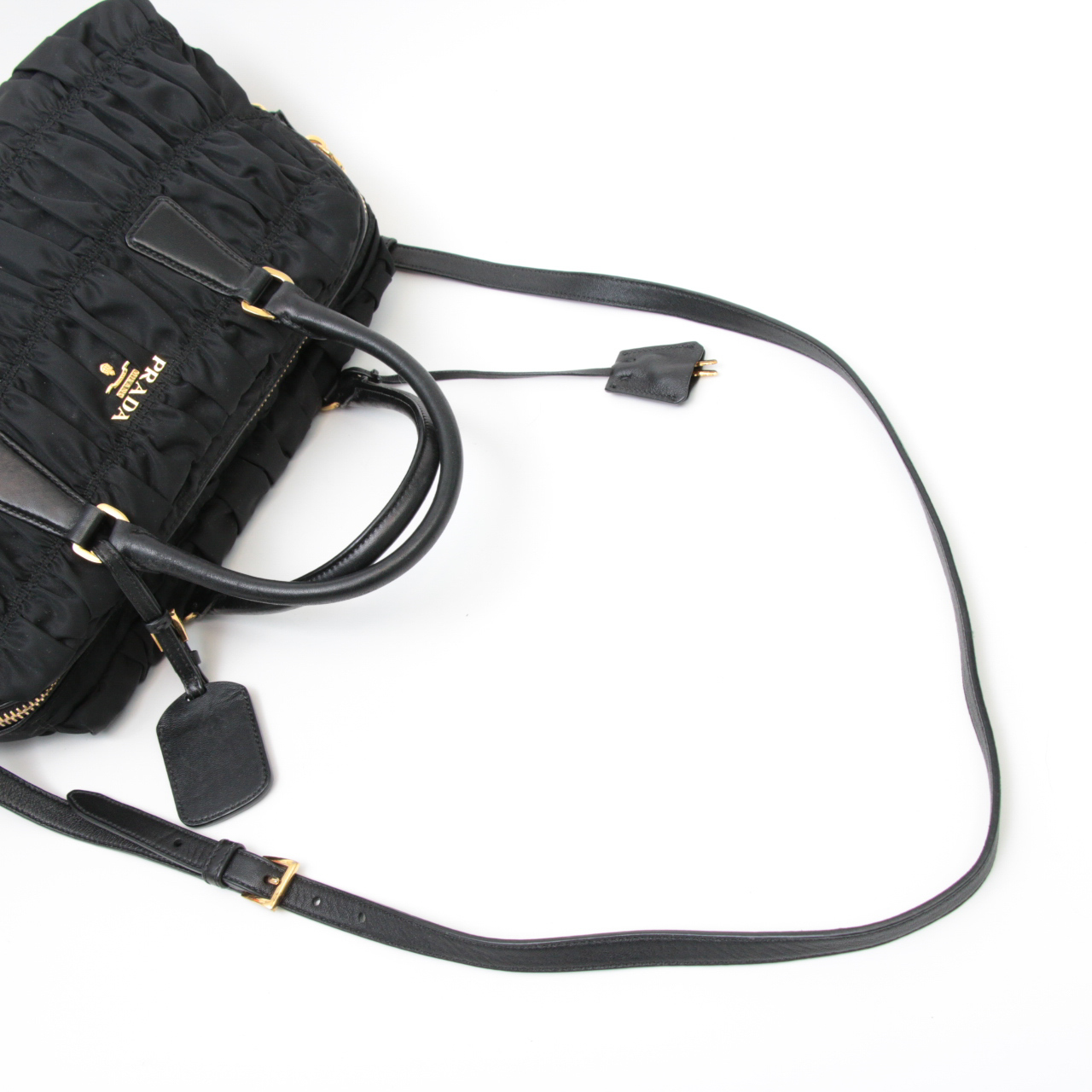 Prada Black Tessuto Nylon Gaufre Ruched Two-Way Shoulder Bag