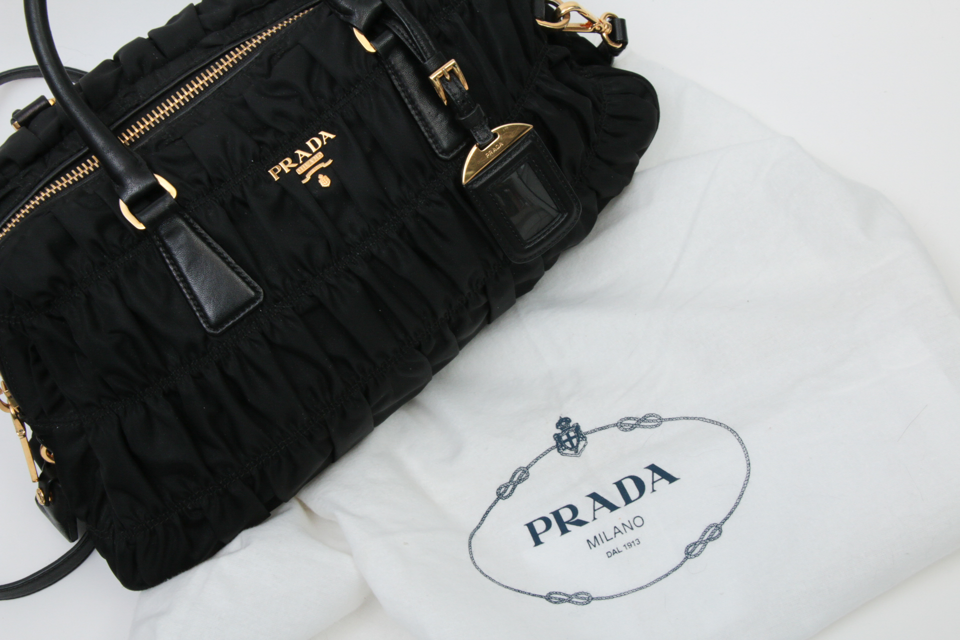 Prada Black Tessuto Nylon Gaufre Ruched Two-Way Shoulder Bag
