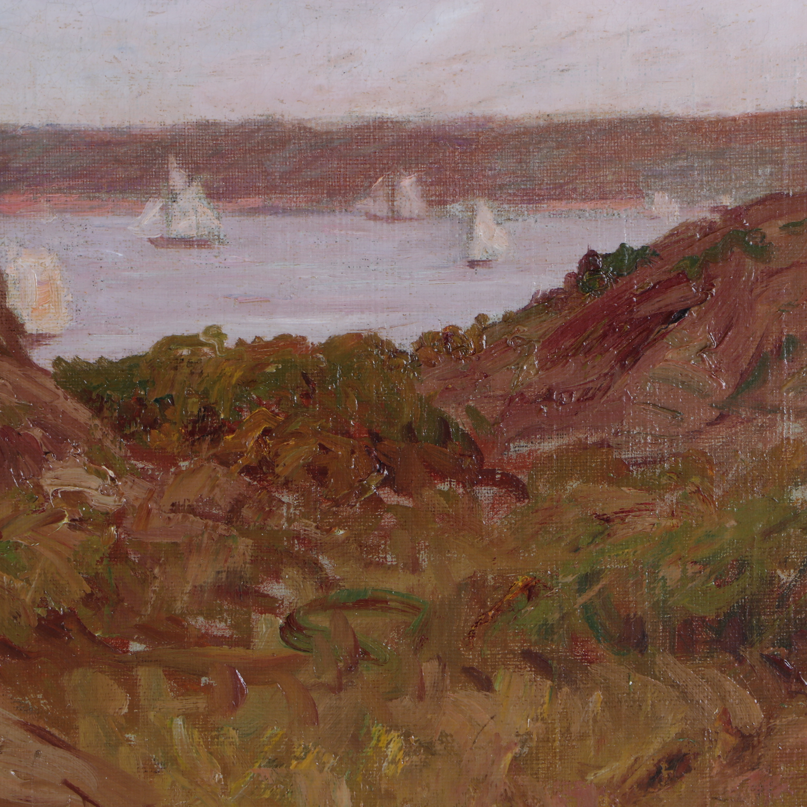 Lewis Henry Meakin Landscape Oil Painting "View of Sailboats and Coast"