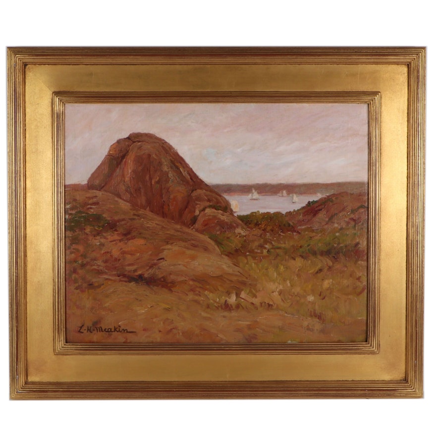 Lewis Henry Meakin Landscape Oil Painting "View of Sailboats and Coast"