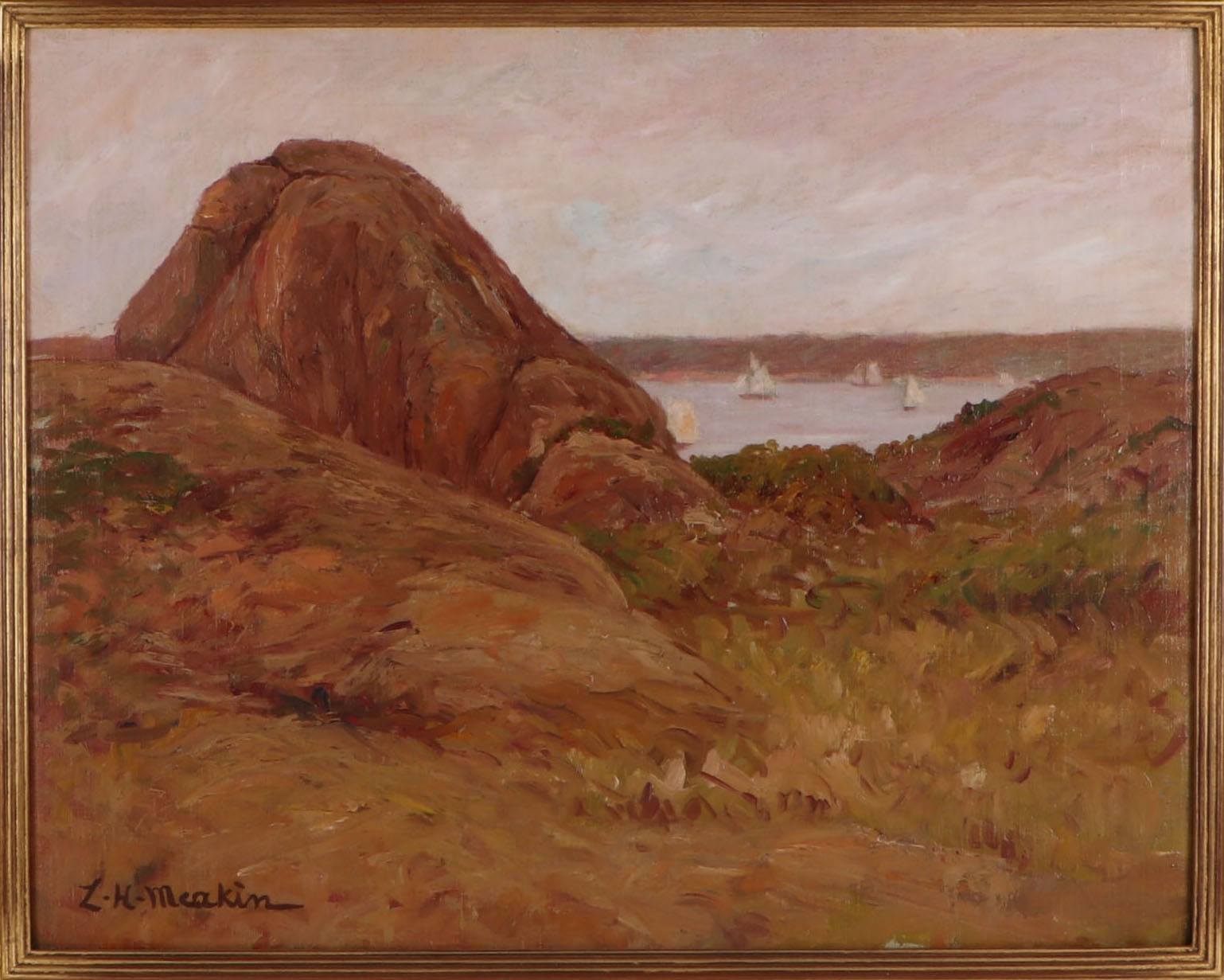 Lewis Henry Meakin Landscape Oil Painting "View of Sailboats and Coast"