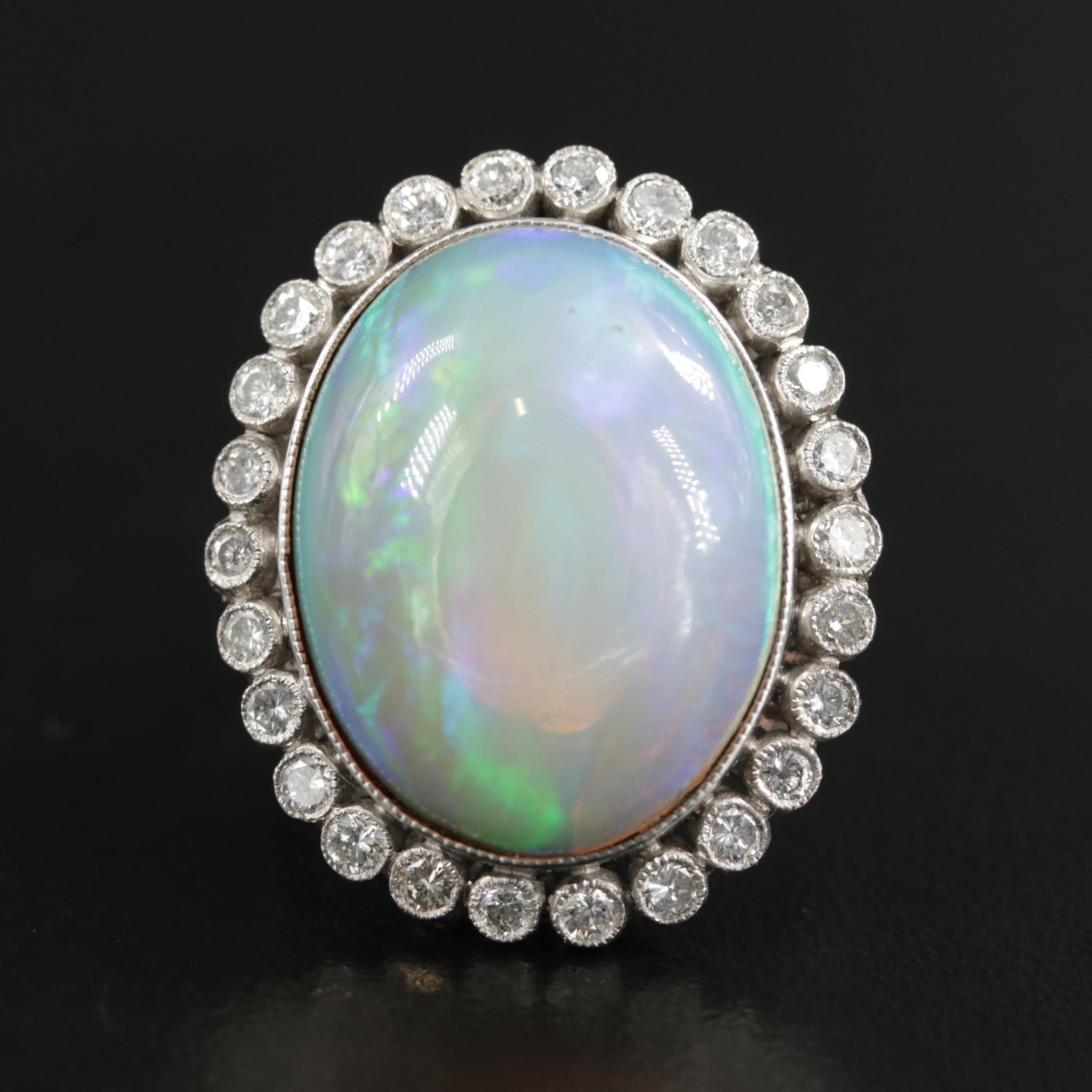 Vintage Platinum Opal and Diamond Ring