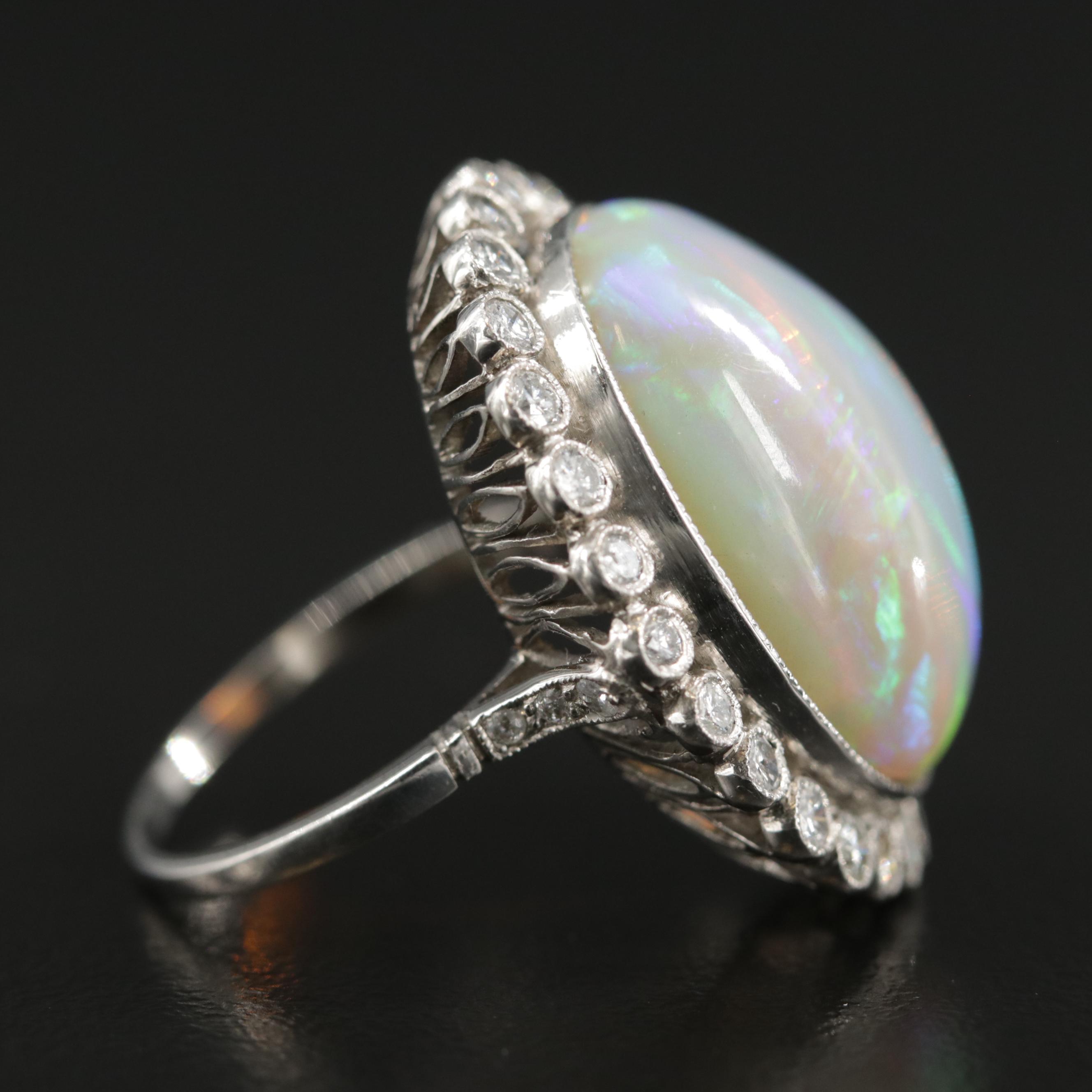 Vintage Platinum Opal and Diamond Ring