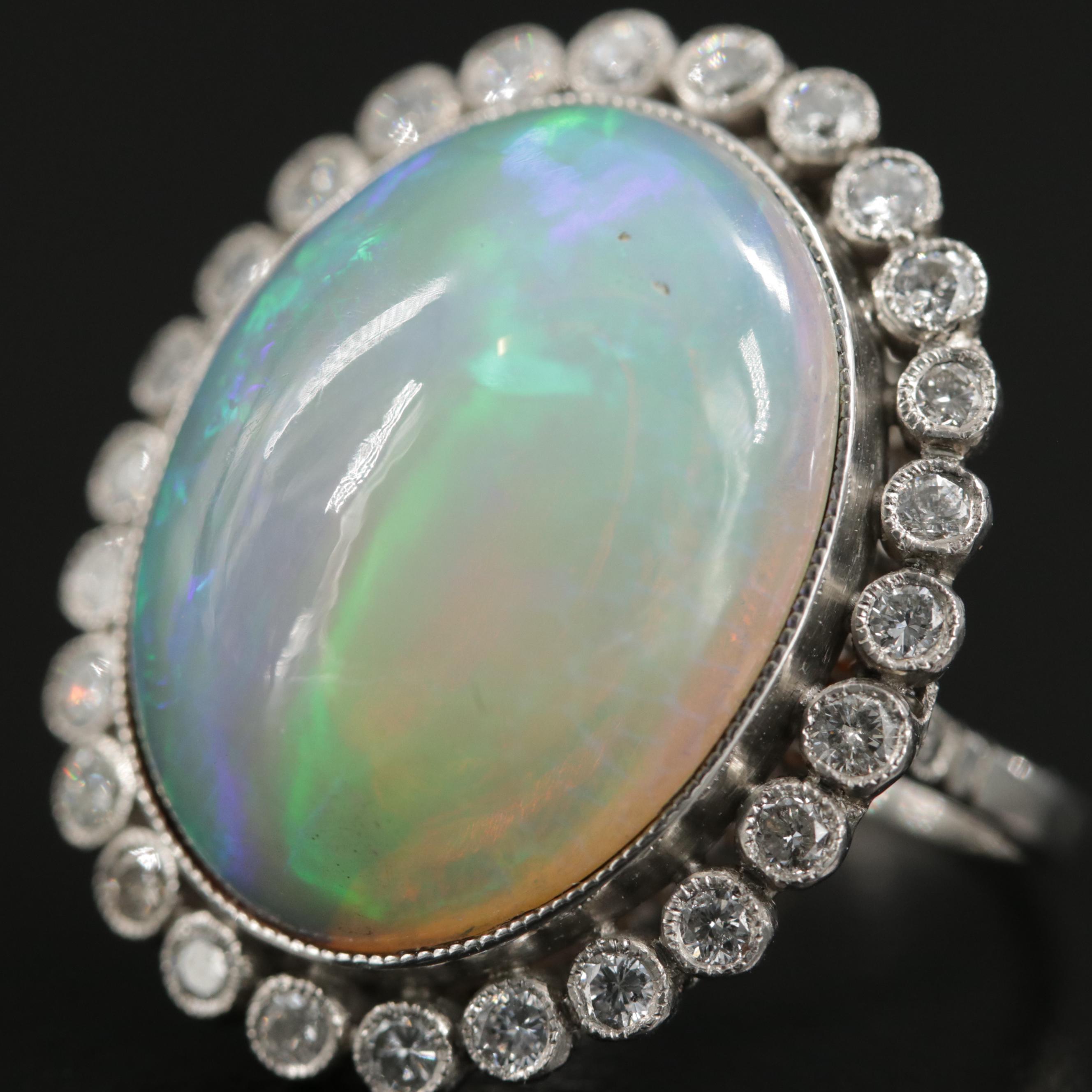 Vintage Platinum Opal and Diamond Ring