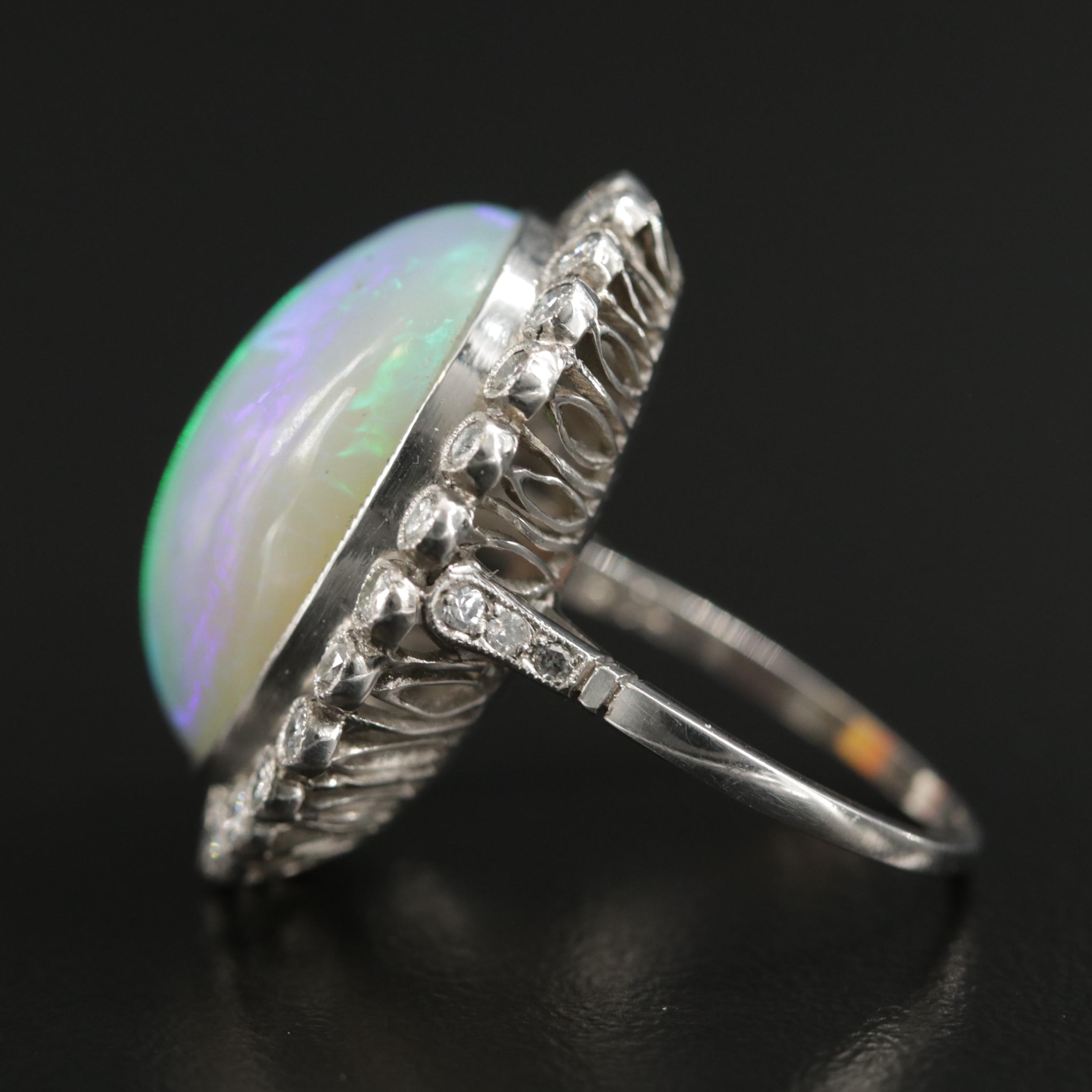 Vintage Platinum Opal and Diamond Ring