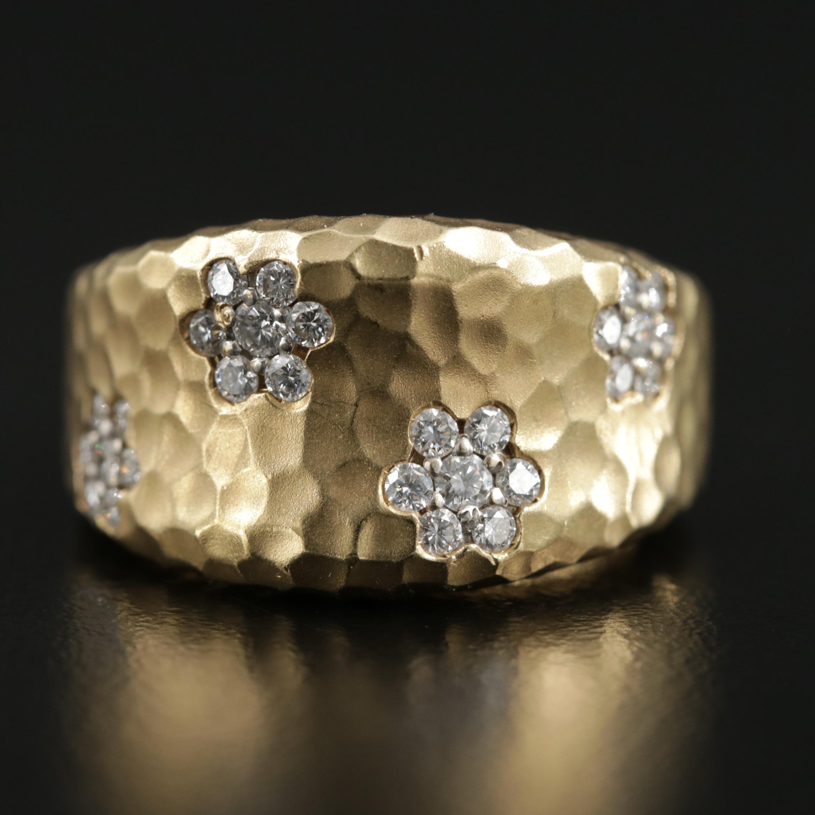 18K Gold Diamond Ring with Hammered Finish