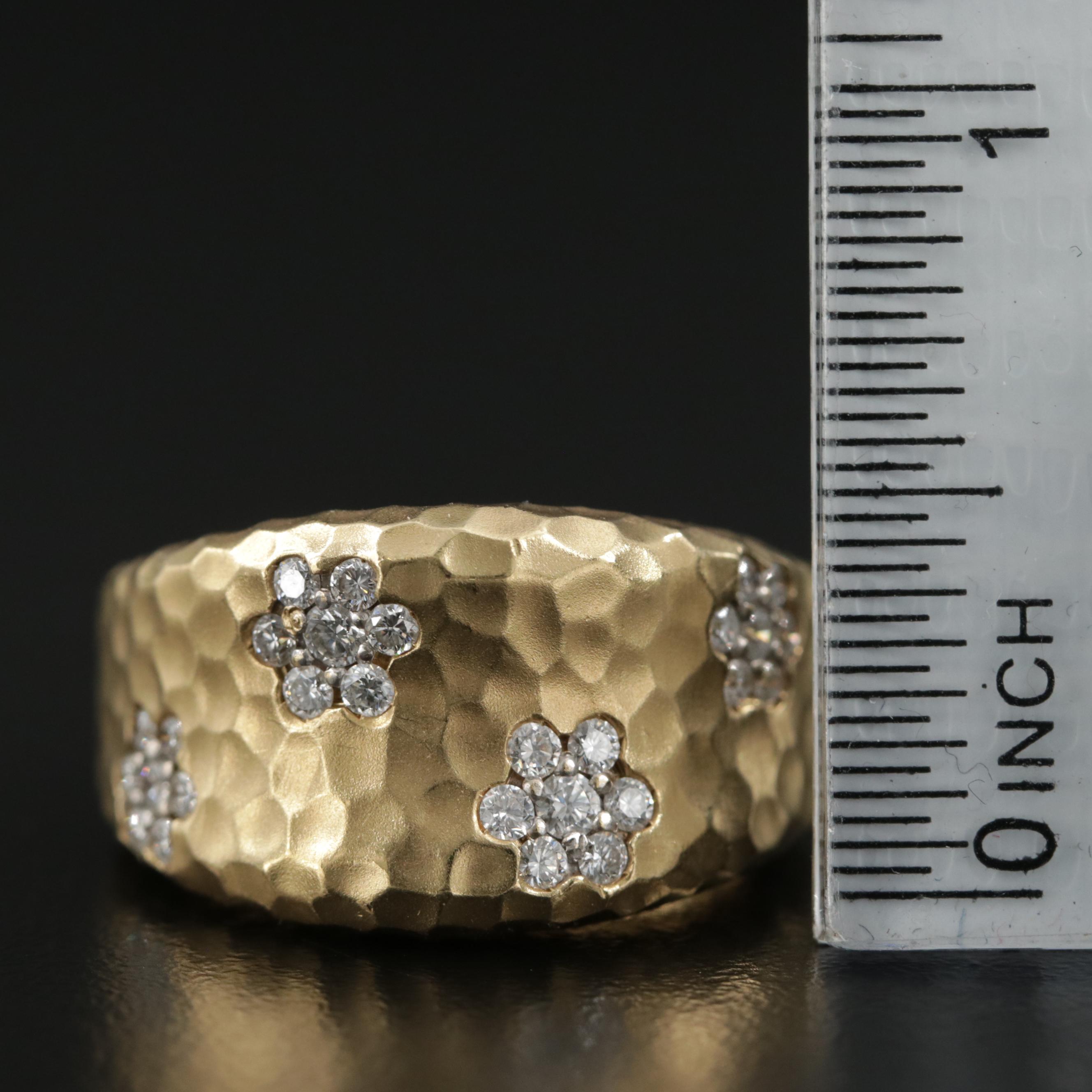 18K Gold Diamond Ring with Hammered Finish