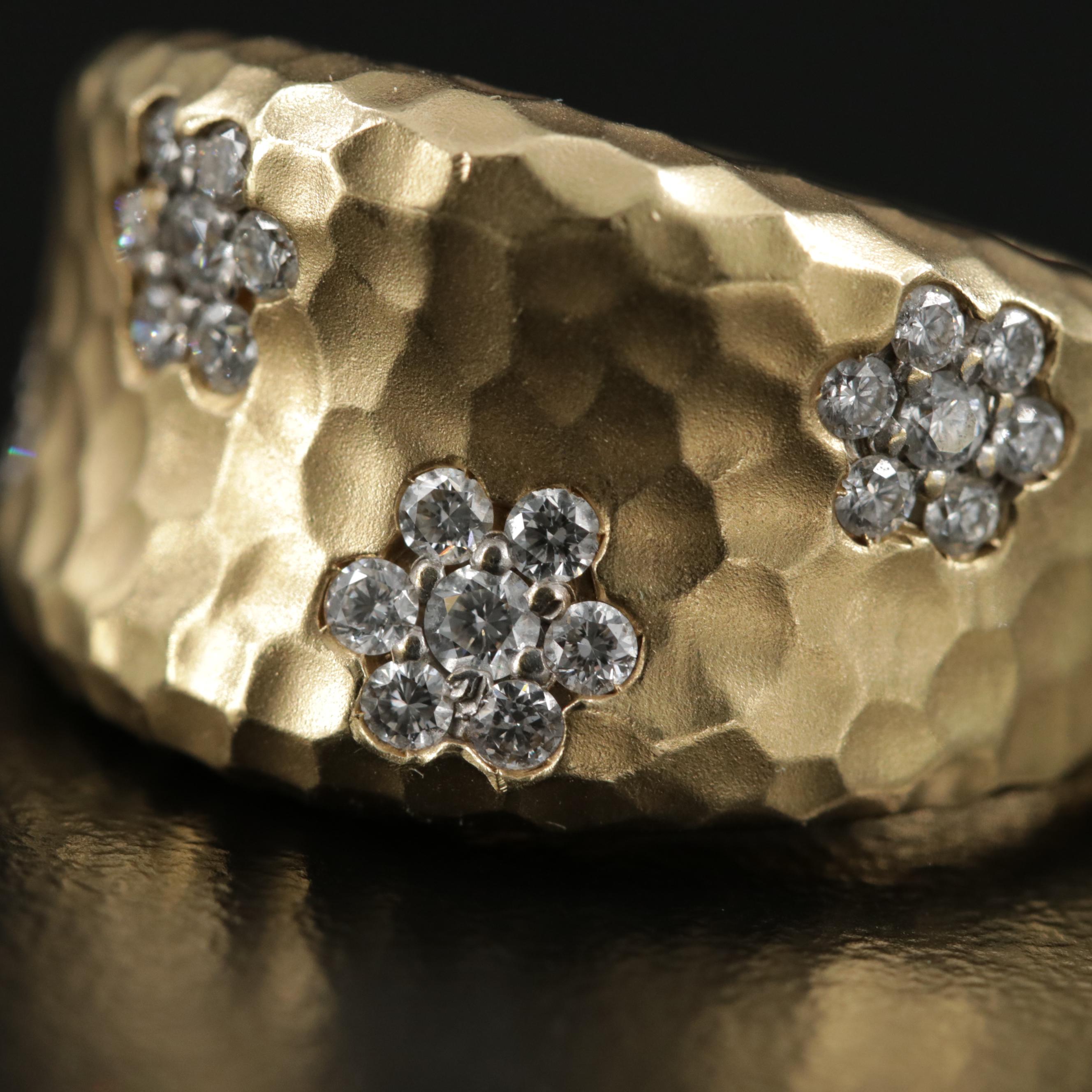 18K Gold Diamond Ring with Hammered Finish