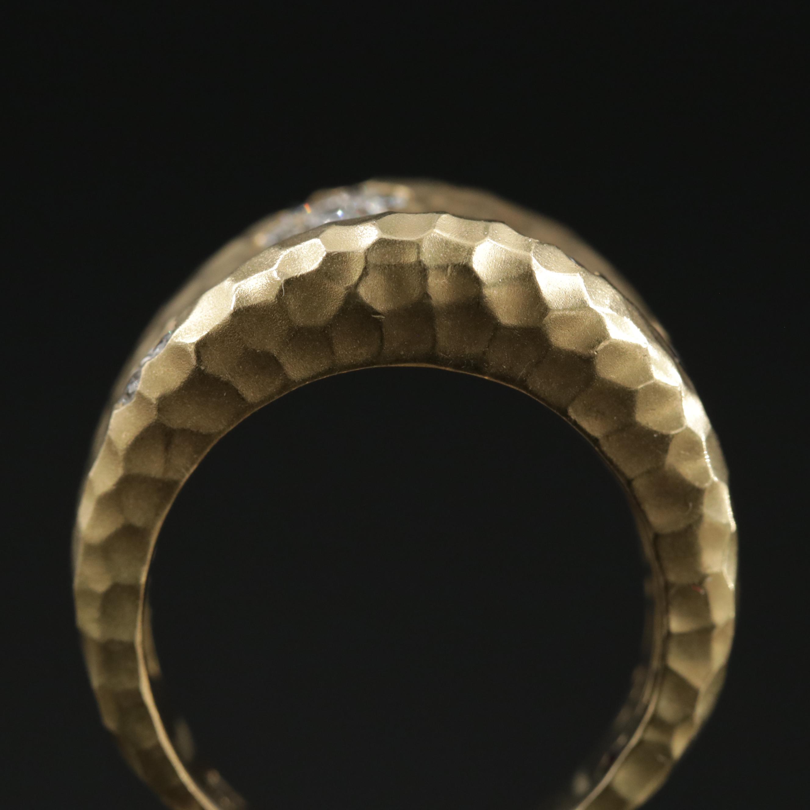 18K Gold Diamond Ring with Hammered Finish