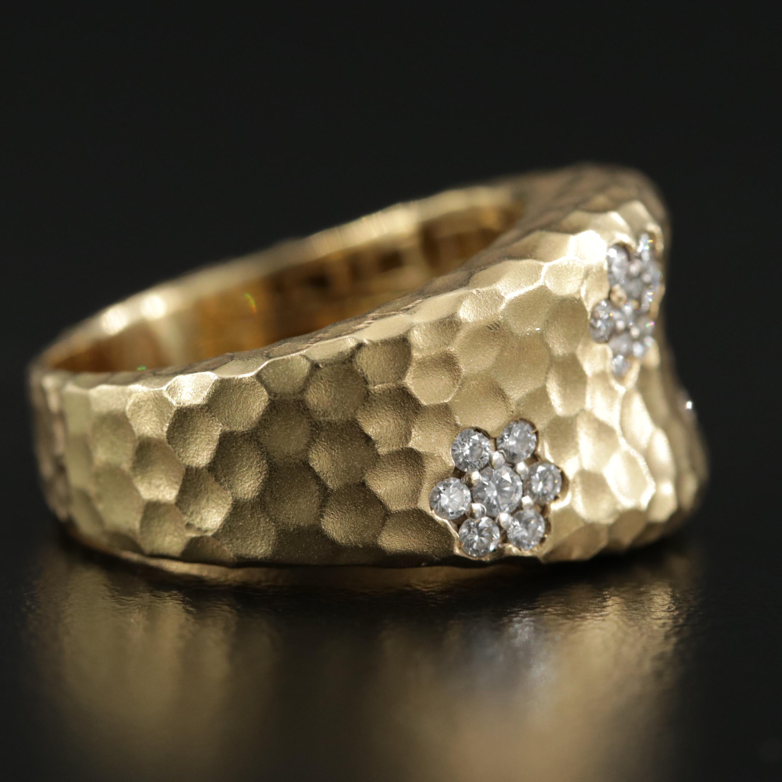 18K Gold Diamond Ring with Hammered Finish