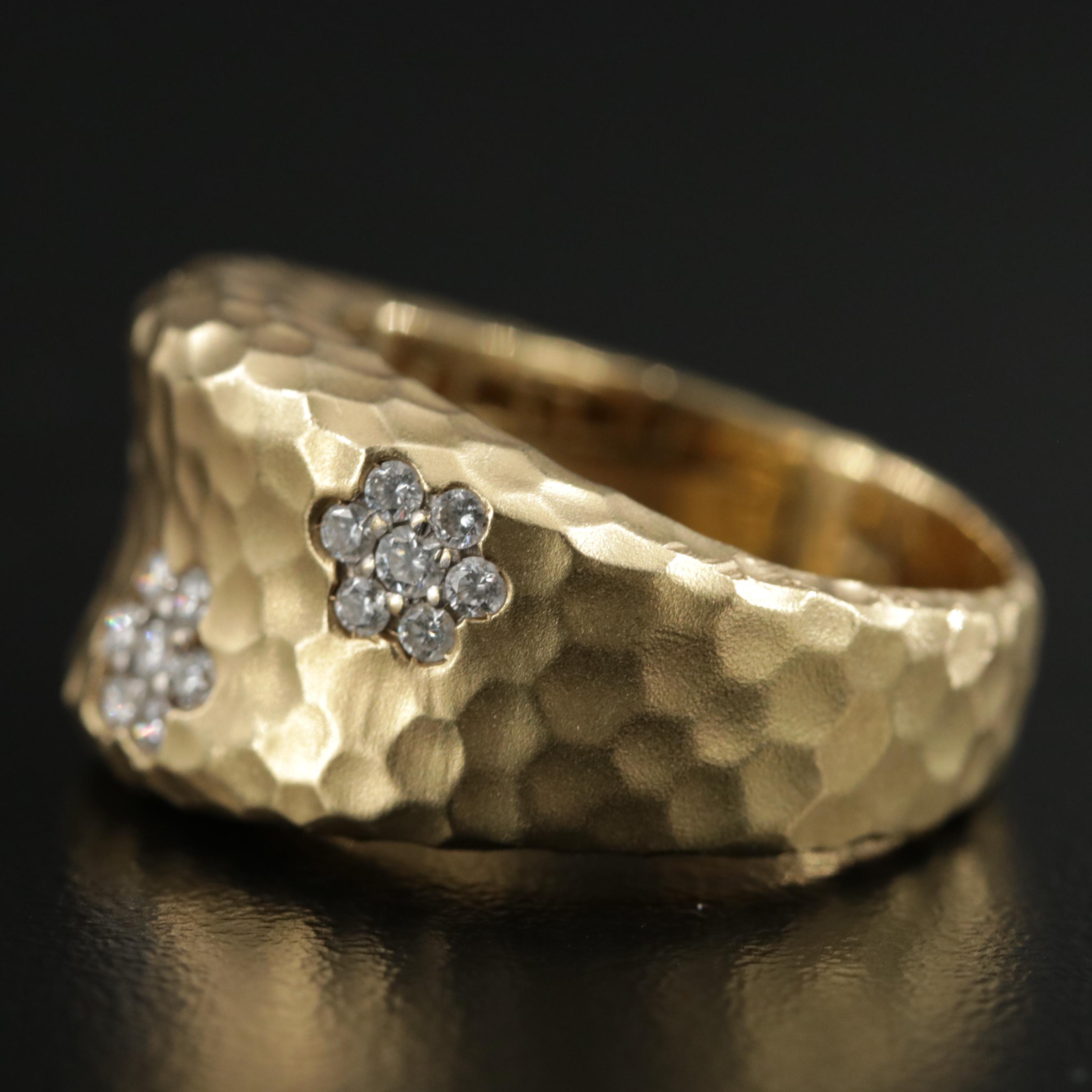 18K Gold Diamond Ring with Hammered Finish