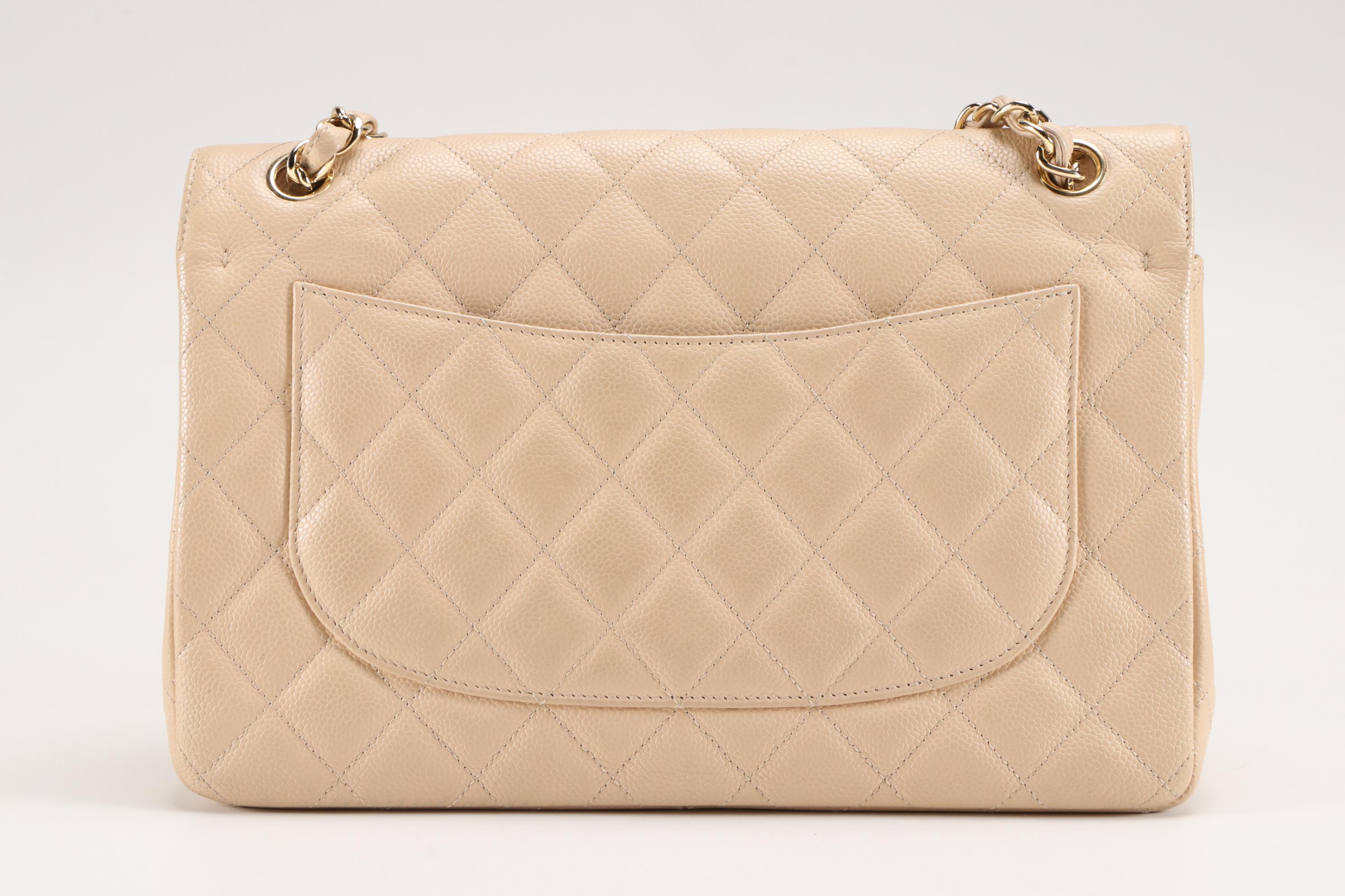 Chanel Classic Beige Quilted Caviar Leather Double Flap Shoulder Bag