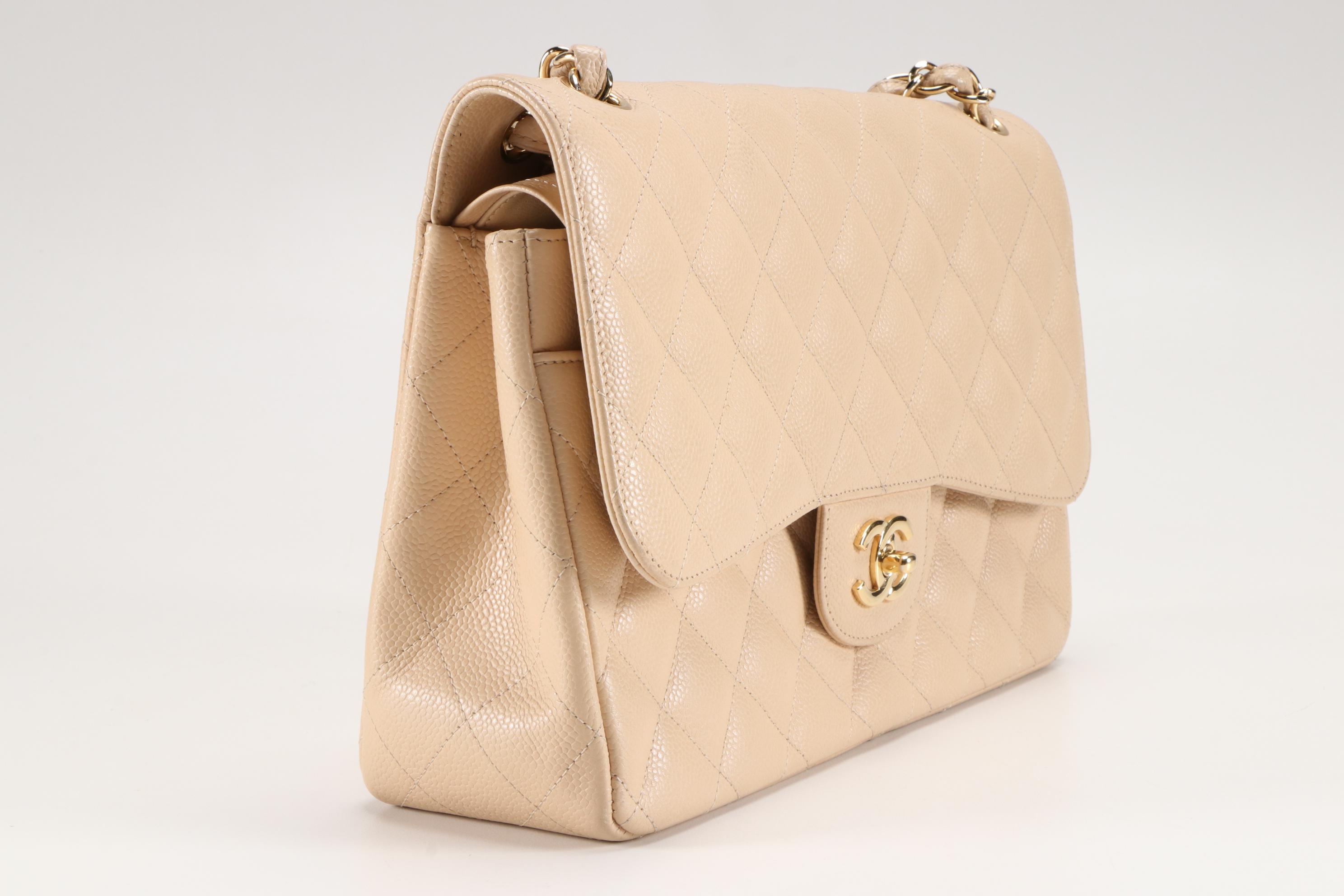 Chanel Classic Beige Quilted Caviar Leather Double Flap Shoulder Bag