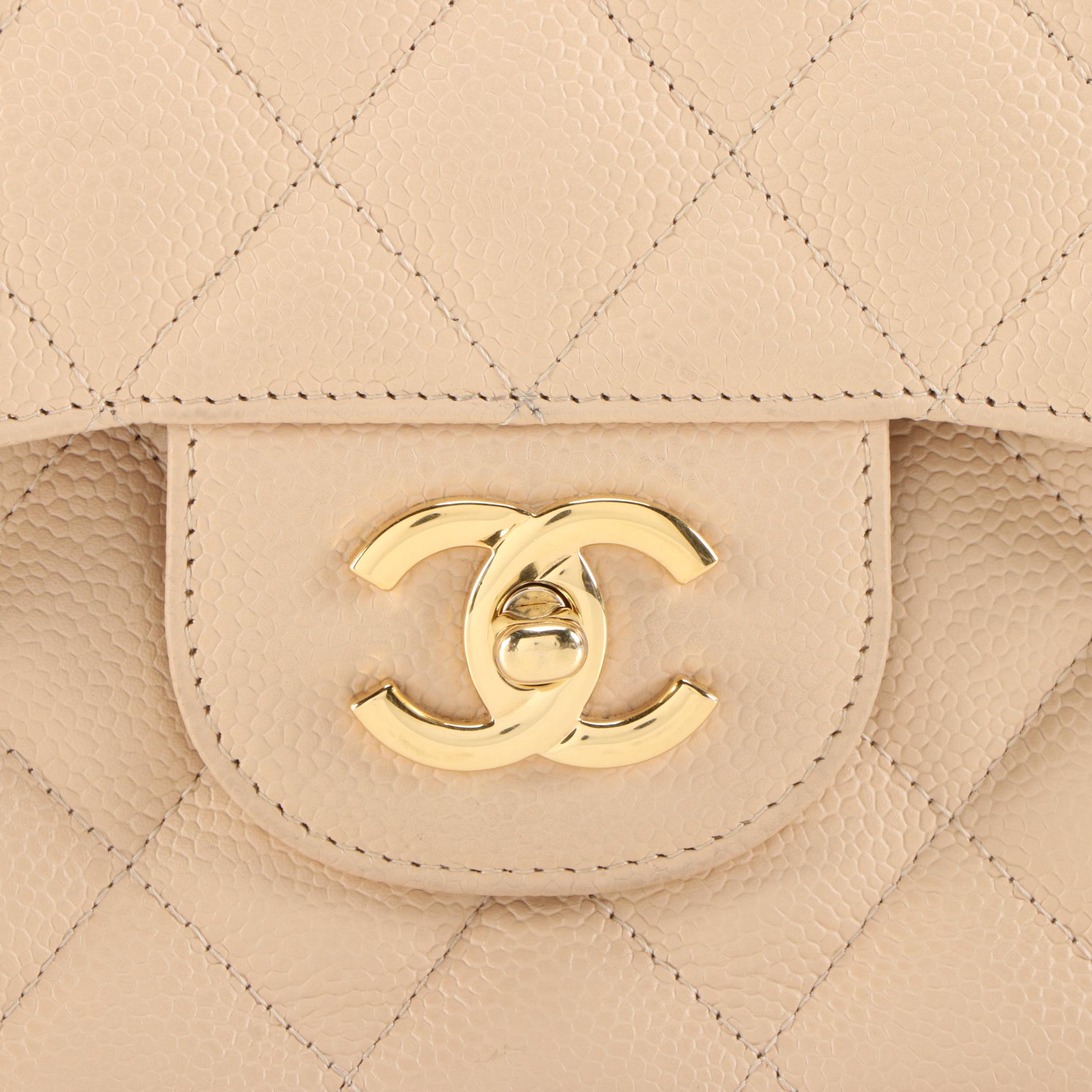 Chanel Classic Beige Quilted Caviar Leather Double Flap Shoulder Bag