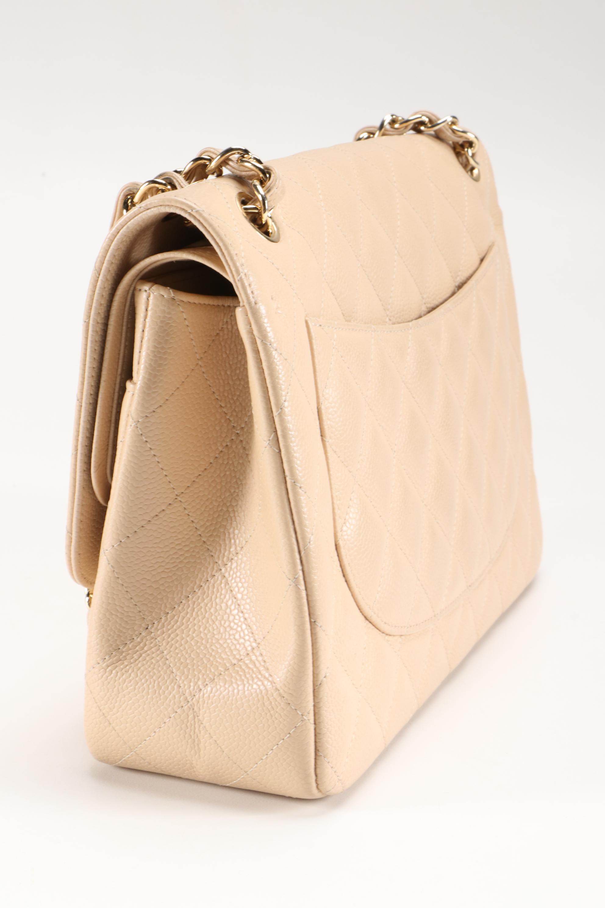 Chanel Classic Beige Quilted Caviar Leather Double Flap Shoulder Bag