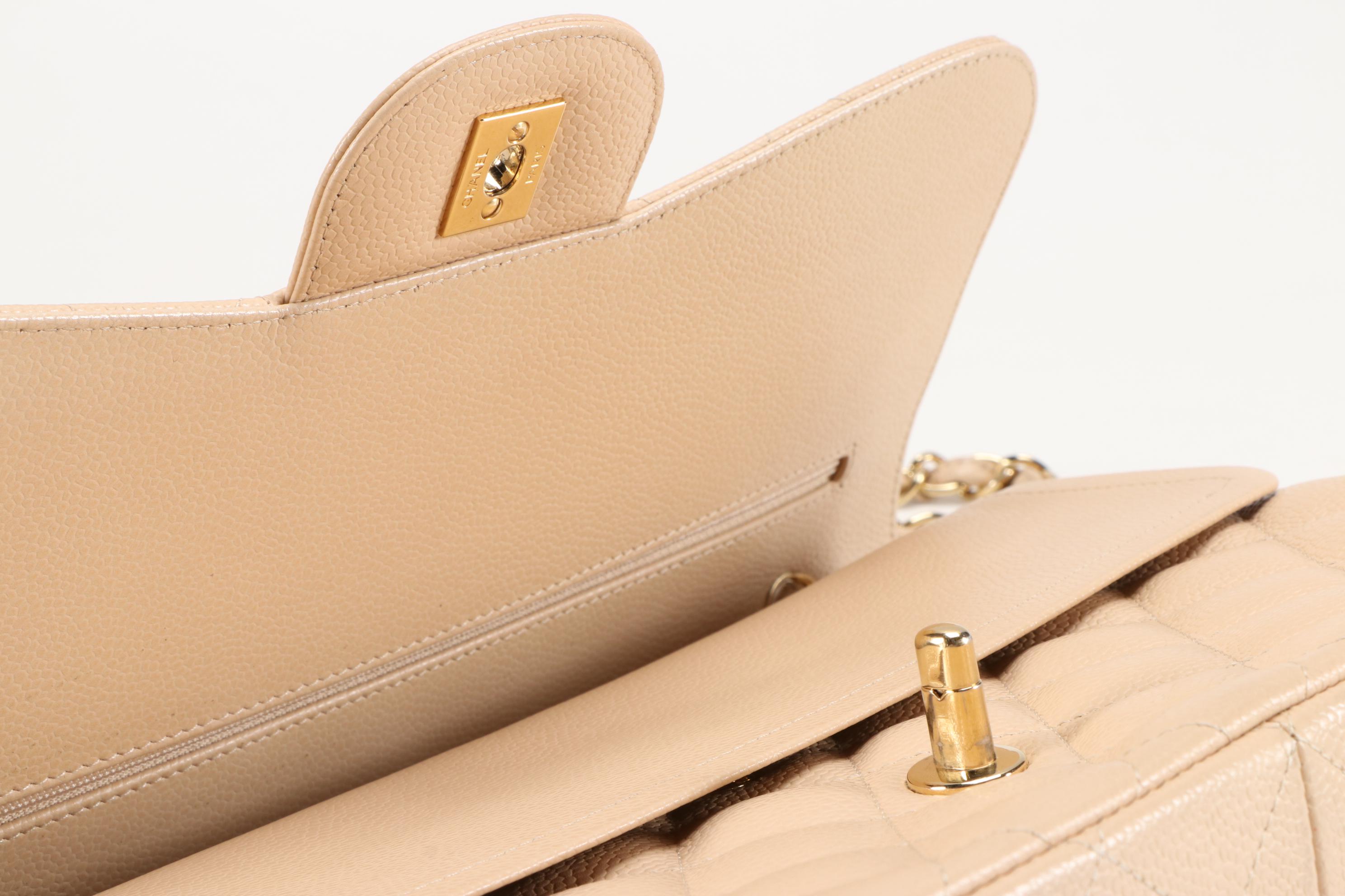 Chanel Classic Beige Quilted Caviar Leather Double Flap Shoulder Bag