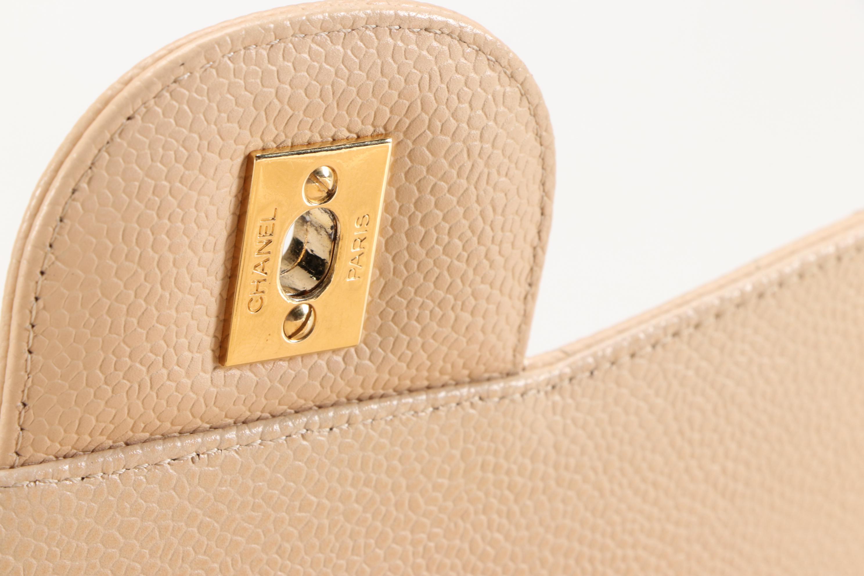 Chanel Classic Beige Quilted Caviar Leather Double Flap Shoulder Bag