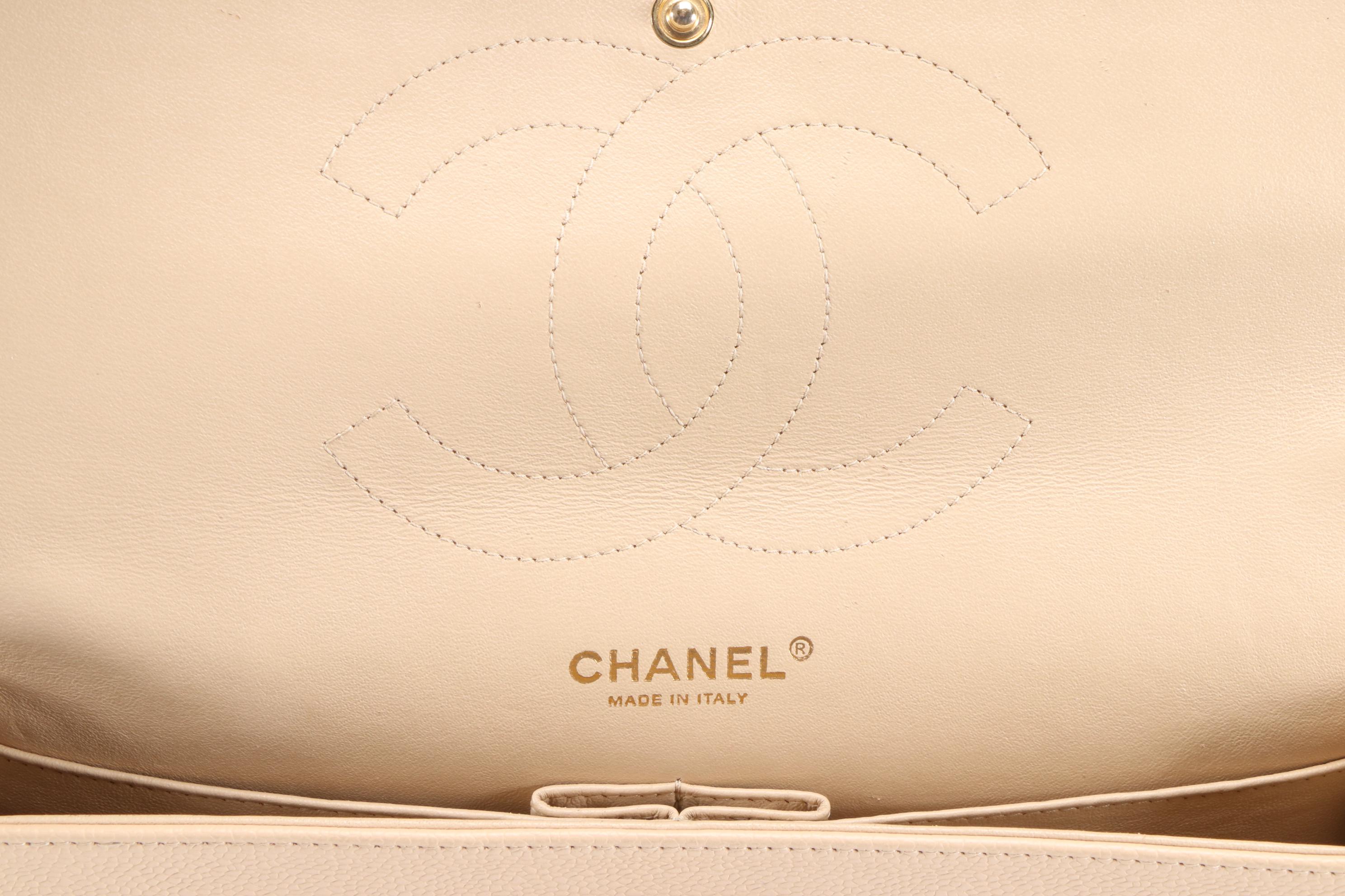 Chanel Classic Beige Quilted Caviar Leather Double Flap Shoulder Bag