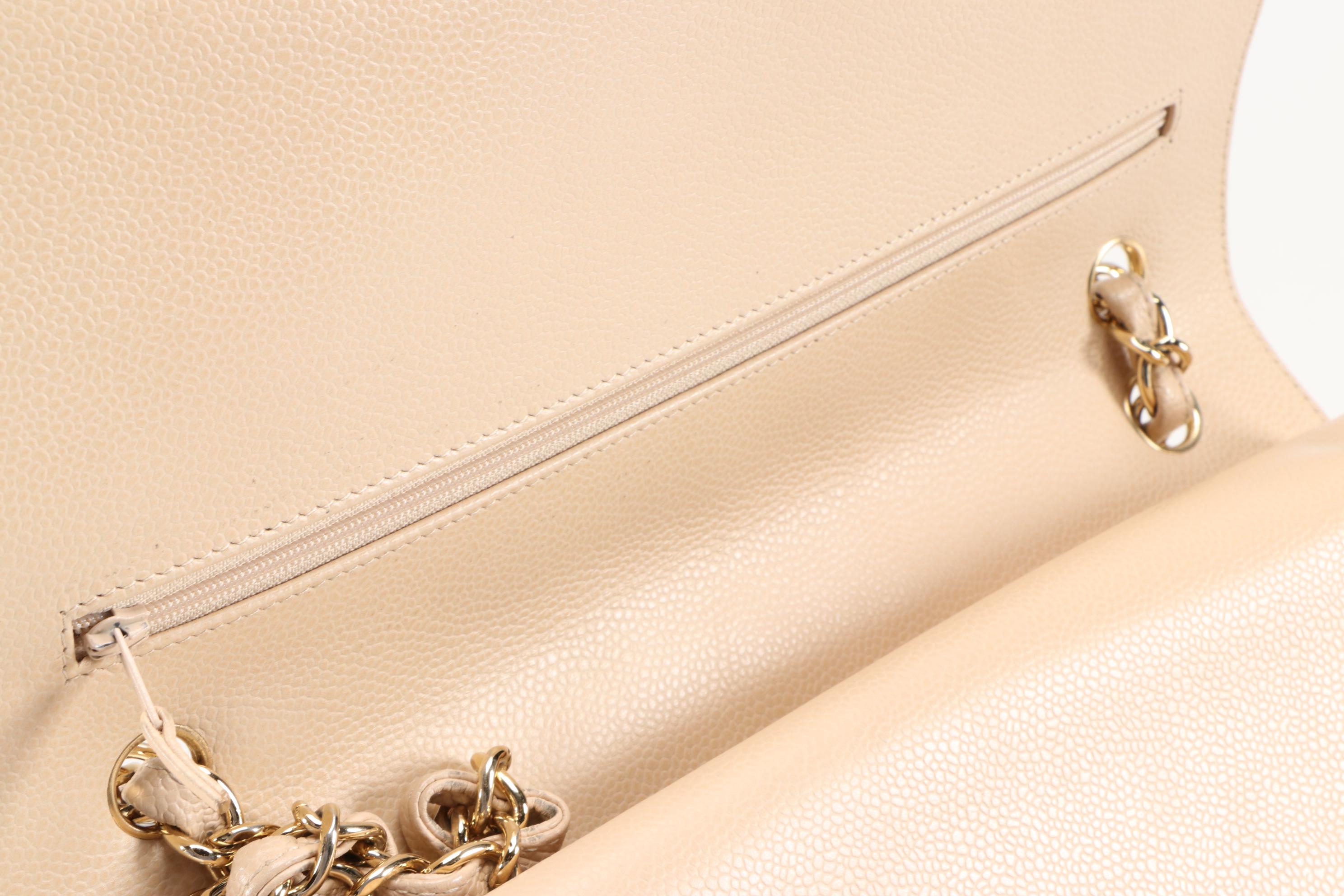 Chanel Classic Beige Quilted Caviar Leather Double Flap Shoulder Bag