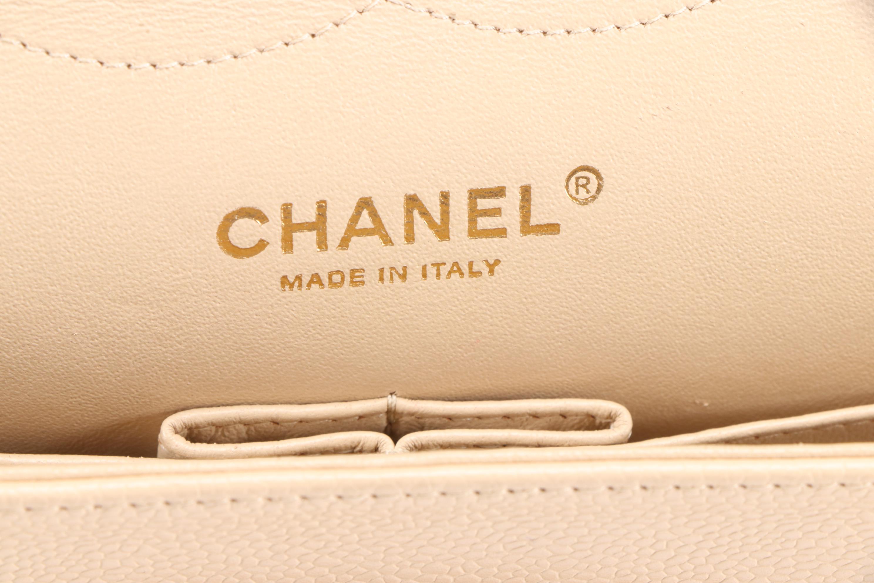 Chanel Classic Beige Quilted Caviar Leather Double Flap Shoulder Bag