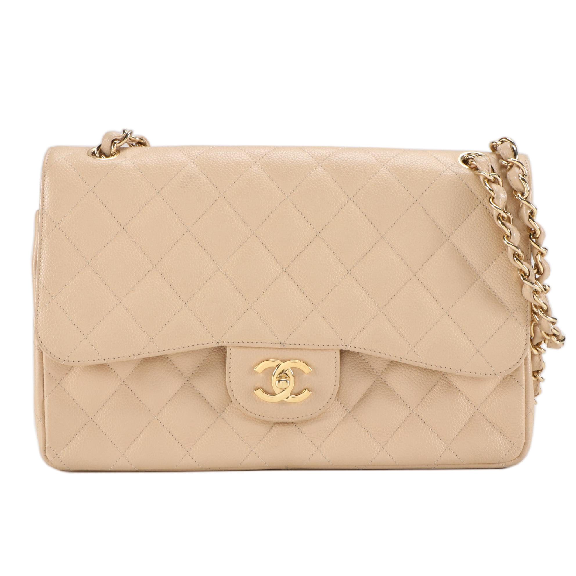 Chanel Classic Beige Quilted Caviar Leather Double Flap Shoulder Bag