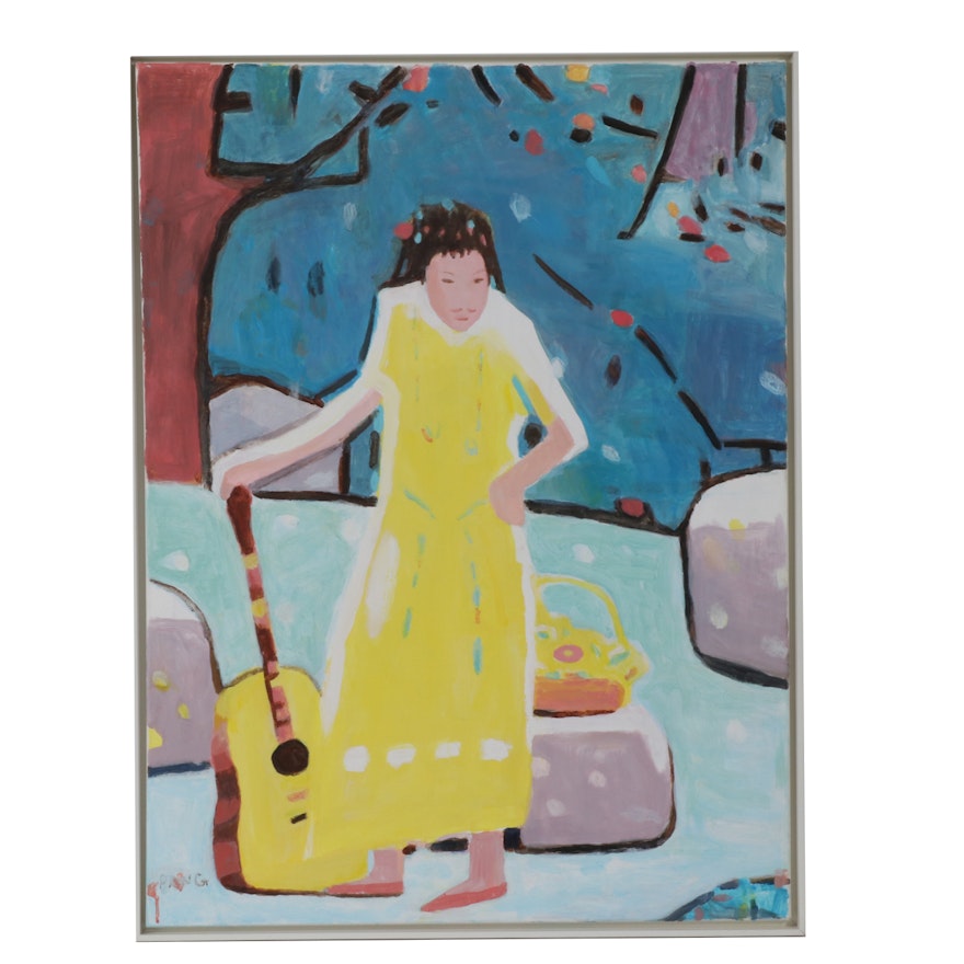 Jen Pang Abstract Oil Painting of Woman with Guitar