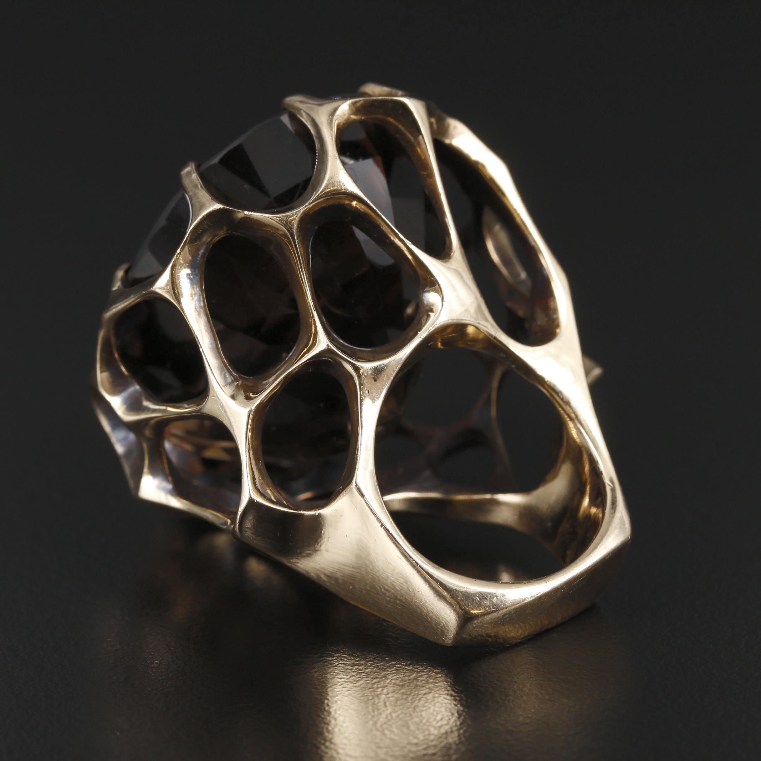 Modern Biomorphic 14K Gold 116.36 CT Smoky Quartz Statement Ring