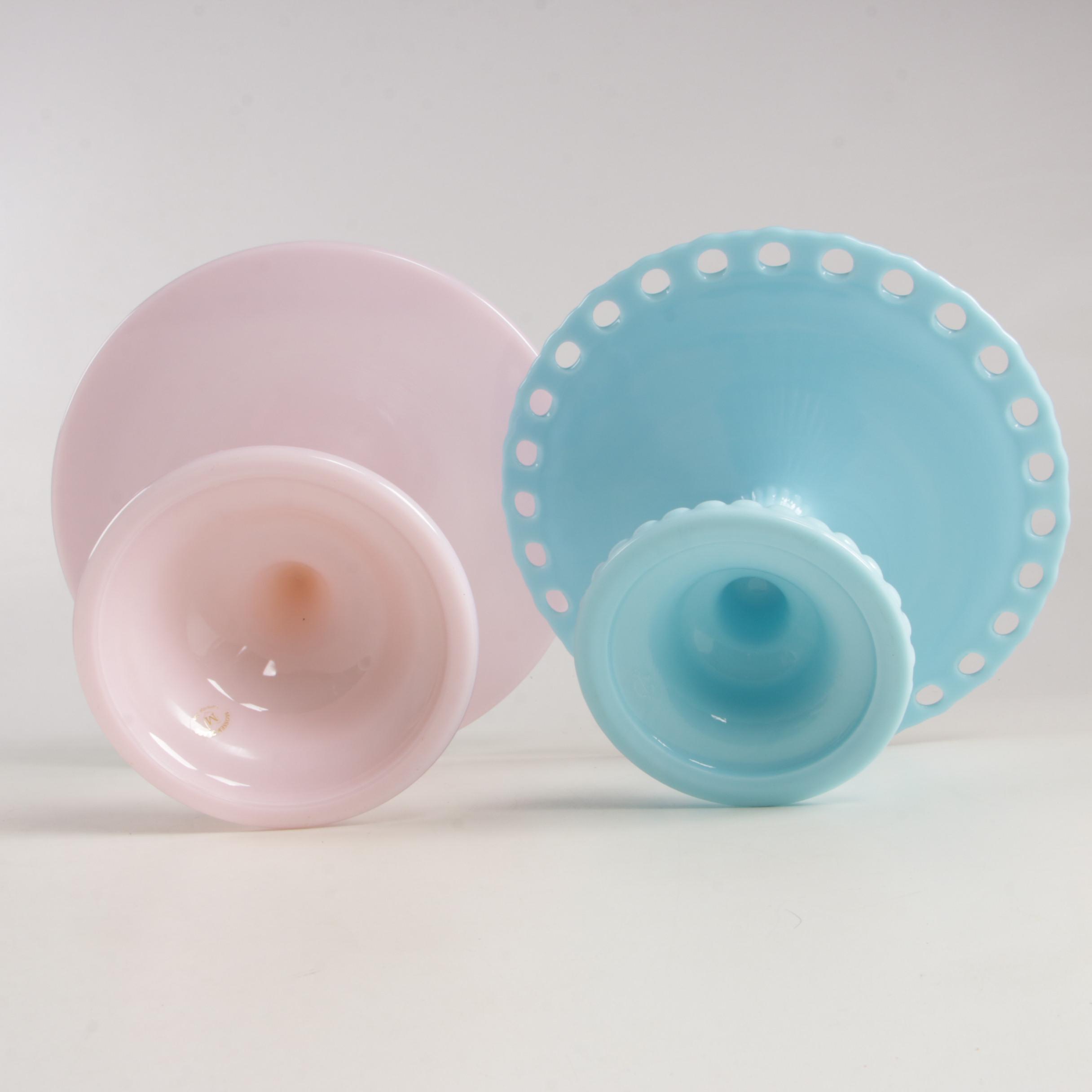 Mosser Jadeite, Pink and Milk Glass Cake Stands with Imperial Glass Cake Stand