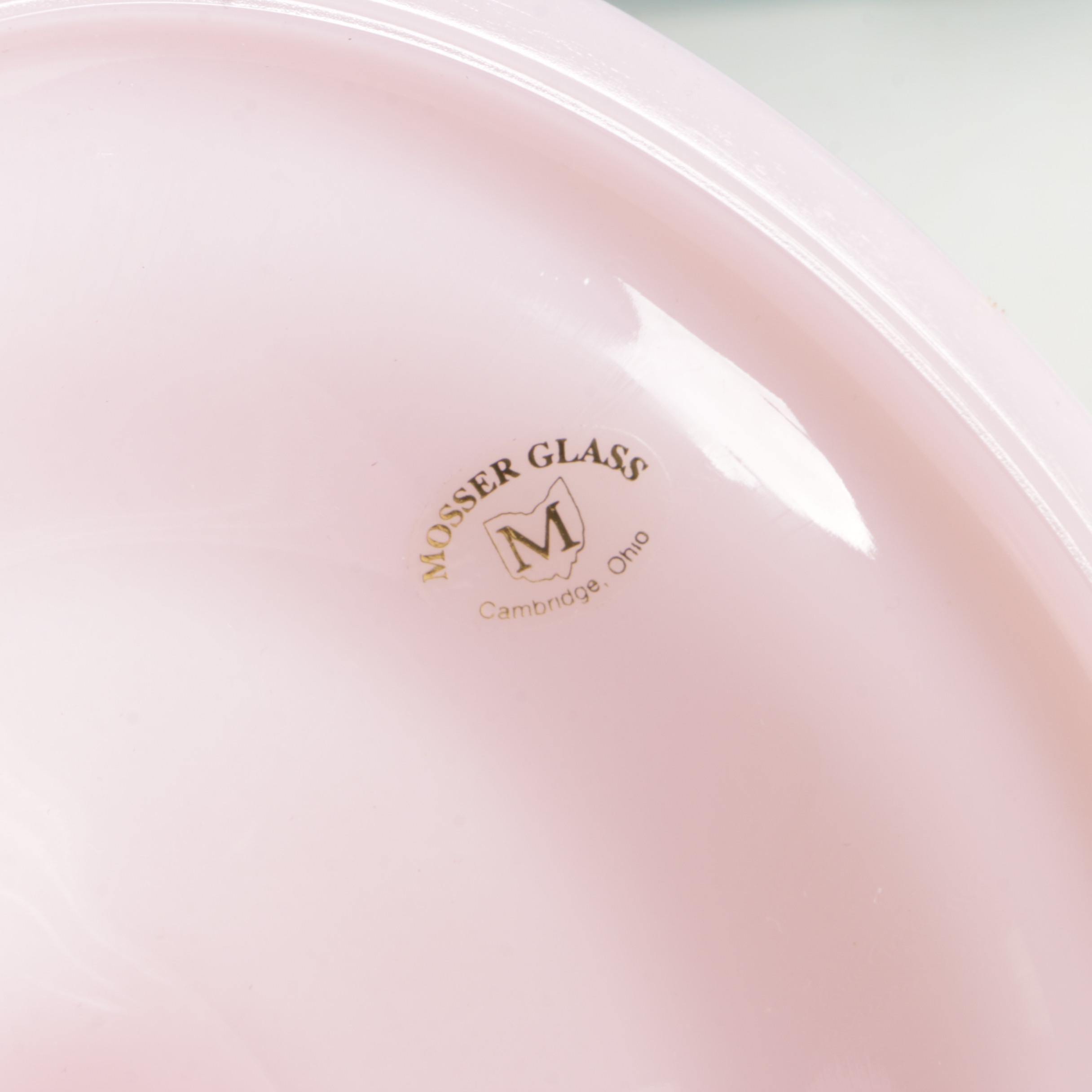 Mosser Jadeite, Pink and Milk Glass Cake Stands with Imperial Glass Cake Stand