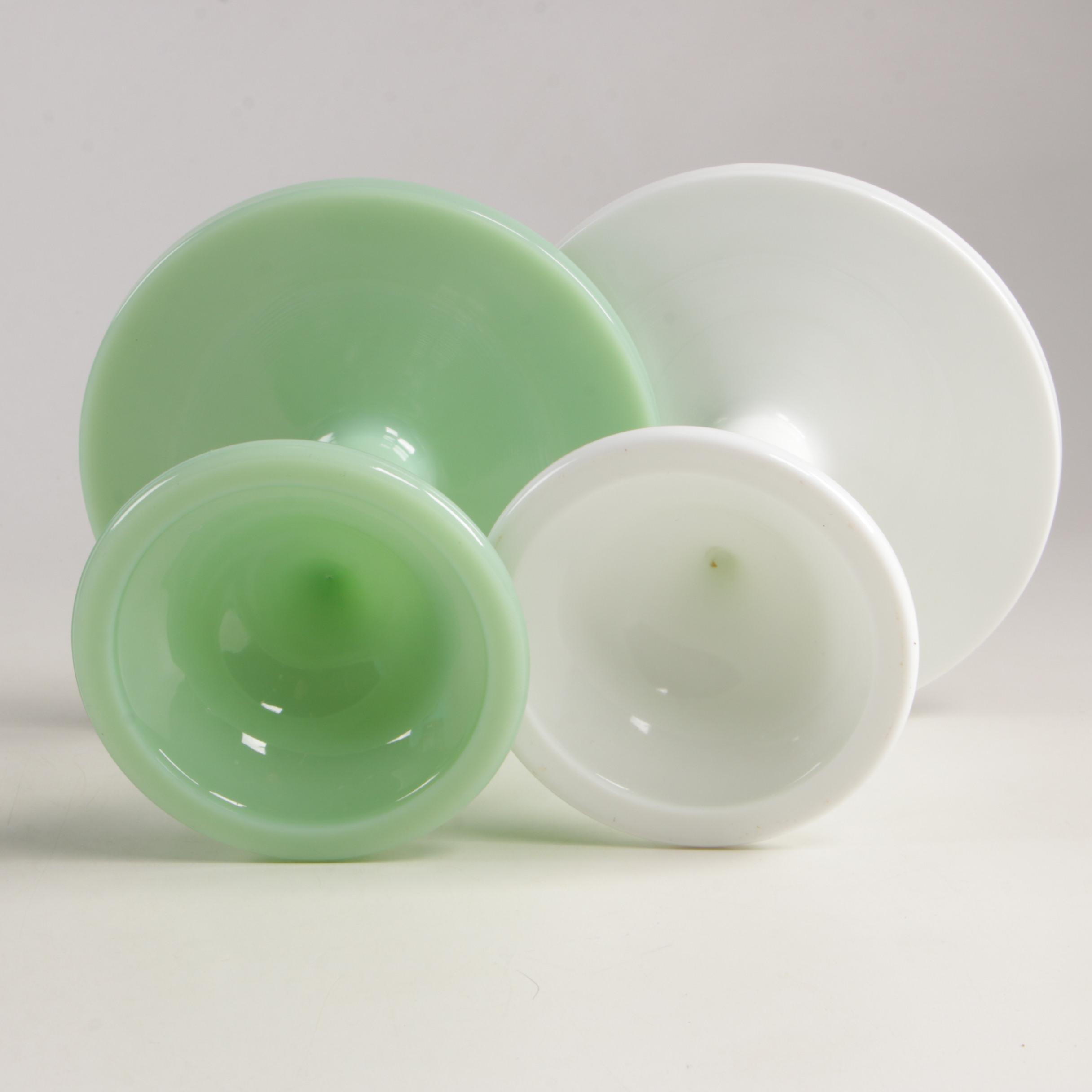 Mosser Jadeite, Pink and Milk Glass Cake Stands with Imperial Glass Cake Stand