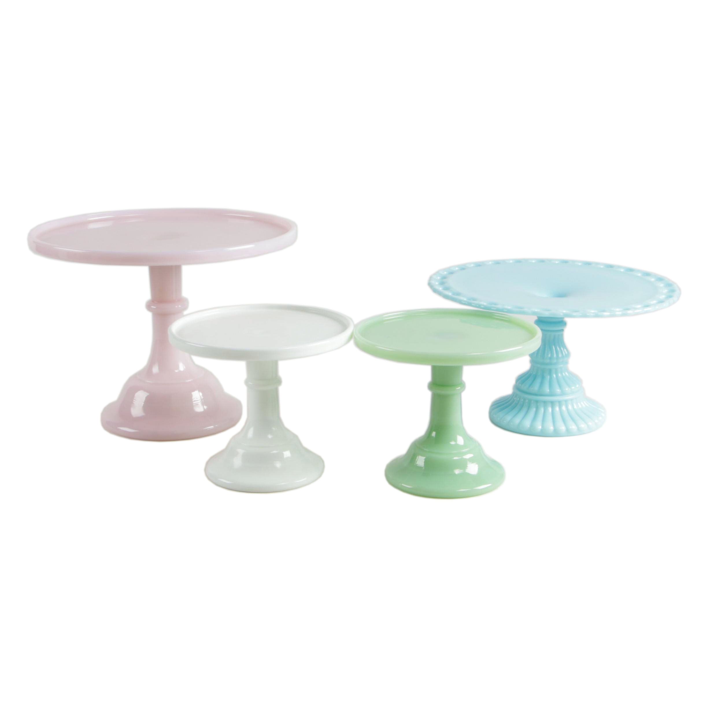 Mosser Jadeite, Pink and Milk Glass Cake Stands with Imperial Glass Cake Stand
